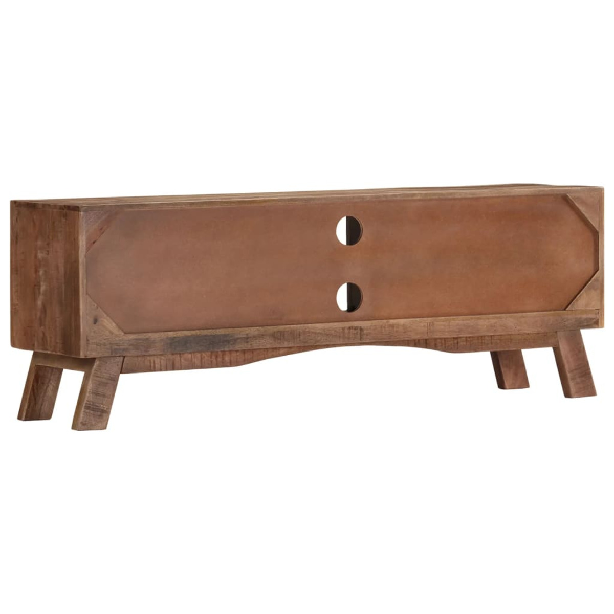 Ein TV-Ständer aus Holz mit zwei Löchern auf der Rückseite und vier Beinen. Er hat eine hellbraune Farbe.