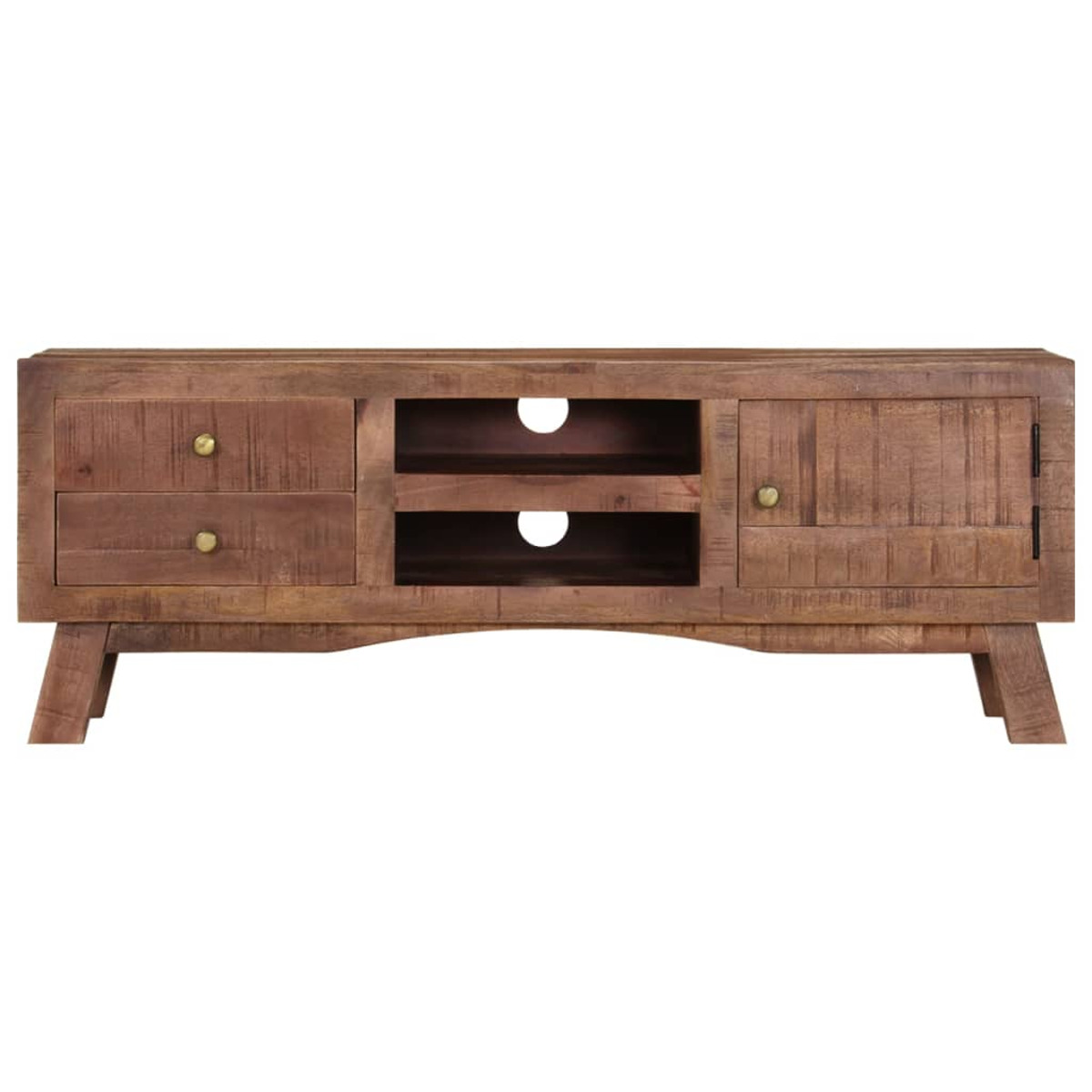 TV-Schrank aus Holz mit Schubladen und Türen. Braune Farbe mit rustikalem Design. Die Beine sind angewinkelt.