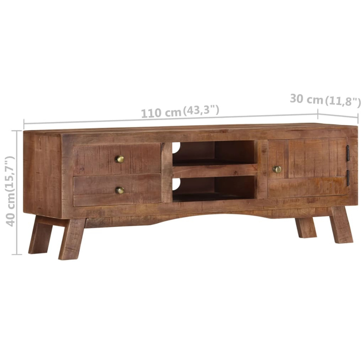 TV-Schrank aus Holz mit Schubladen und offenen Fächern, Maße beschriftet.