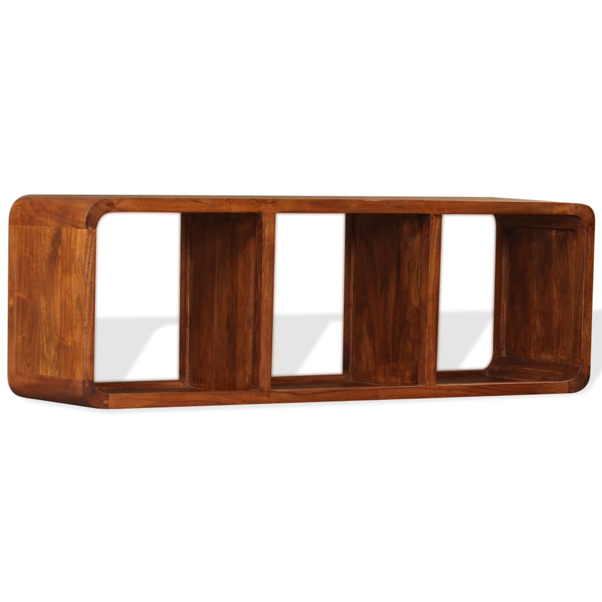 Holzregal mit vier offenen Fächern. Braune Farbe, geschwungenes Design.