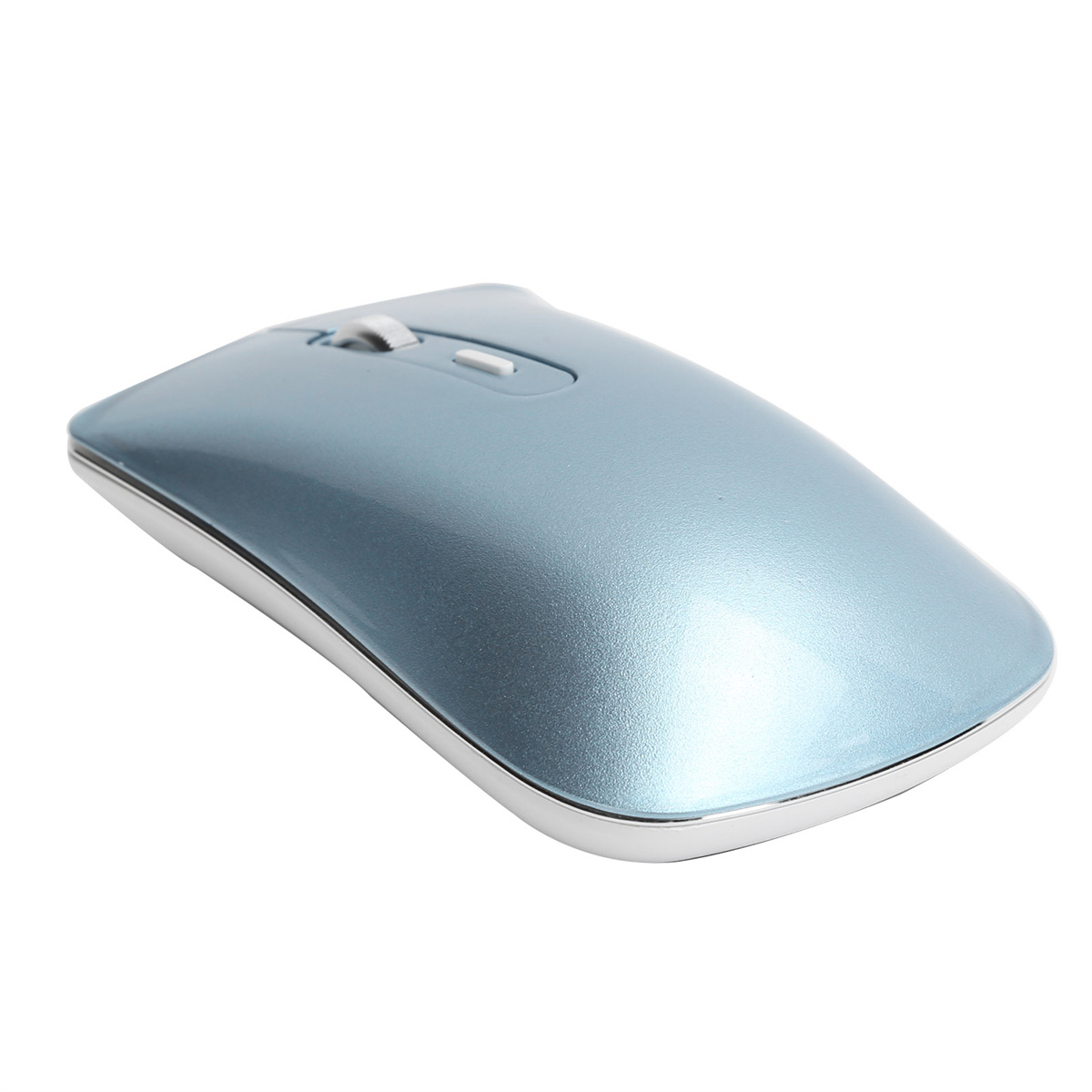 Blaue kabellose Maus. Es ist eine kompakte Maus auf einer weißen Oberfläche.