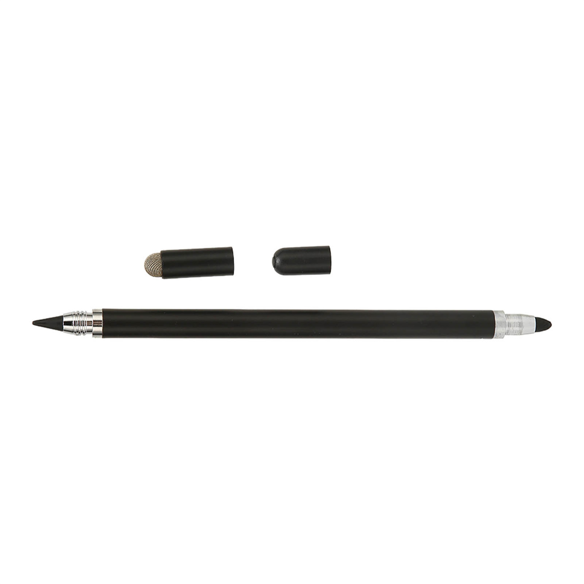 Ein schwarzer Eingabestift mit zwei zusätzlichen Spitzen. Eine links und eine rechts. Weißer Hintergrund.