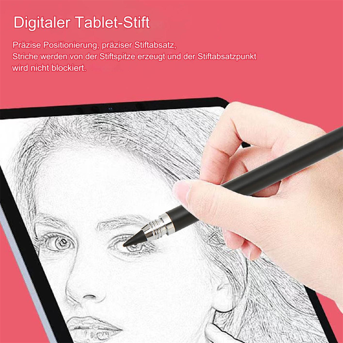 Hand zeichnet Auge auf Tablet mit Stift. Text: Digitaler Tablet-Stift.