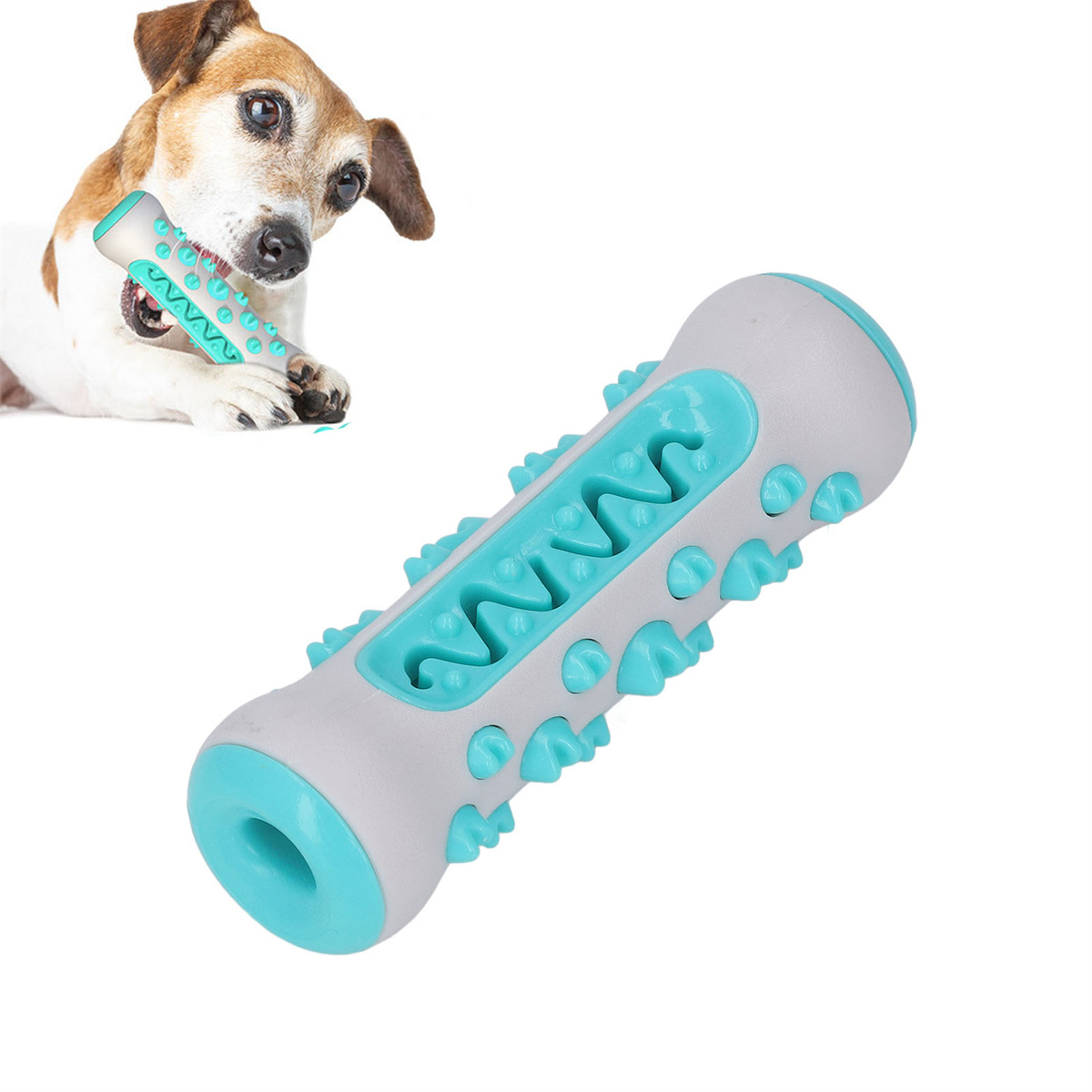 Hund, der ein blau-graues Hundespielzeug zerkaut. Das Spielzeug liegt auf einer weißen Oberfläche.