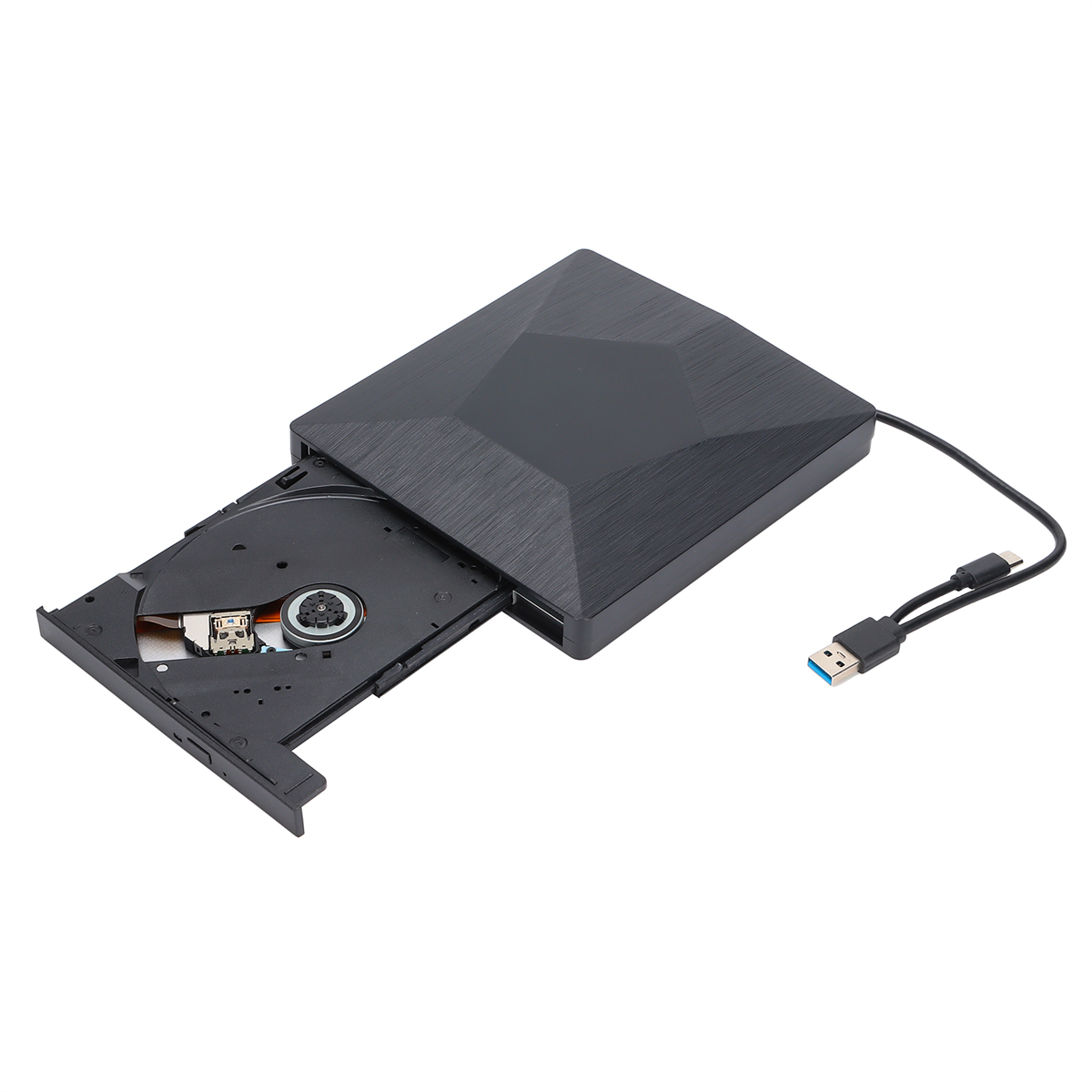 Ein schwarzes externes DVD-Laufwerk mit USB-Kabel, geöffnet, um das Laufwerk zu zeigen.