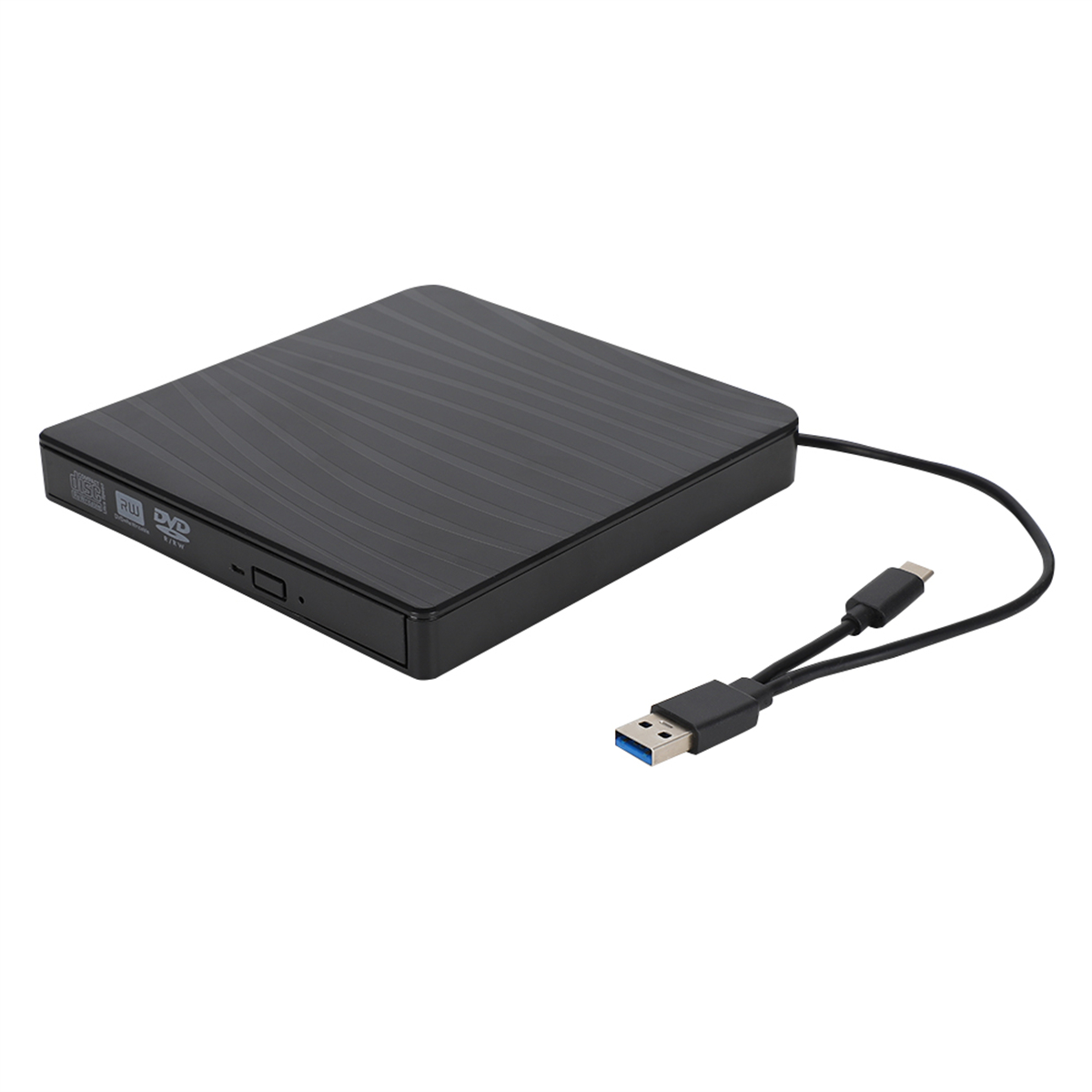 Schwarzer externer DVD-Brenner mit schwarzem USB-Kabel auf weißem Hintergrund.
