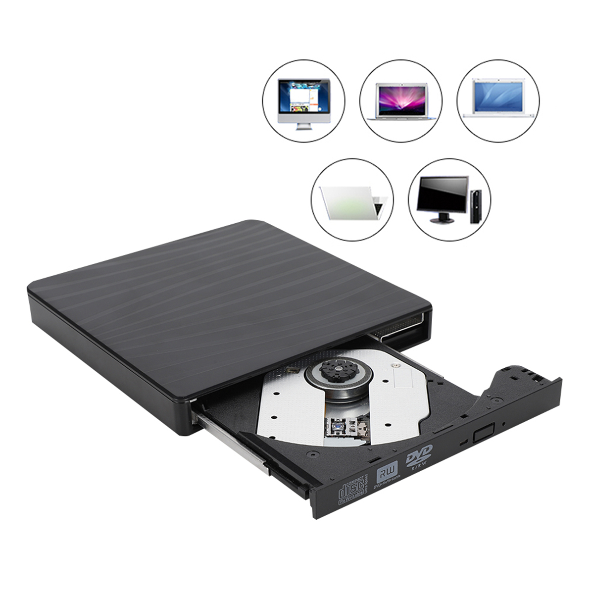 Schwarzer DVD-Player mit offenem Fach, zeigt interne Komponenten und Symbole oben.