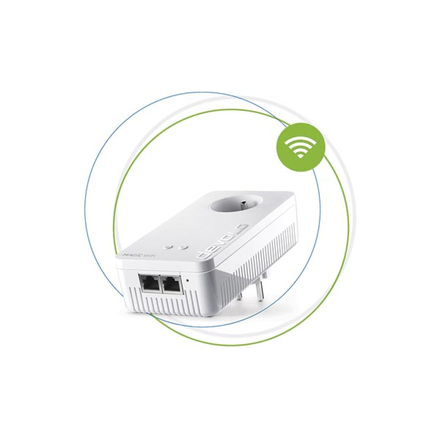 Witte powerline-adapter met twee Ethernet-poorten en een stekker. Groene en blauwe cirkelvormige afbeelding.