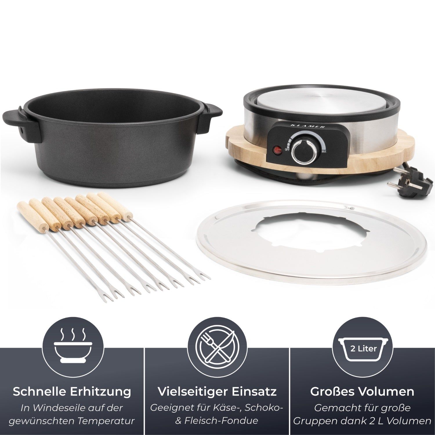 Fondue-Set mit Topf, Gabeln und Heizelement sowie Textbeschriftungen.