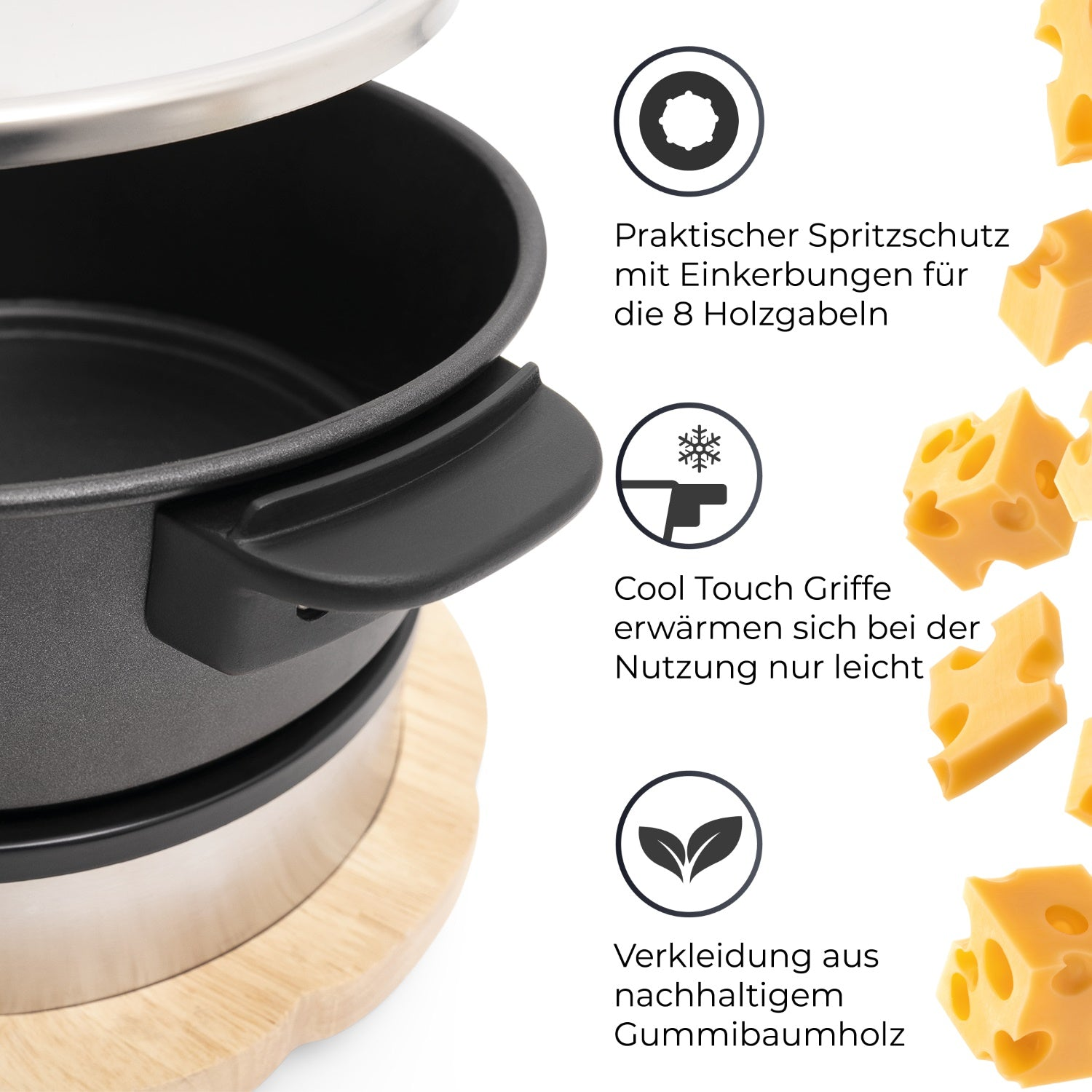 Ein Raclette-Grill mit Käse und Text, der Merkmale wie kühle Griffe und Holzsockel beschreibt.