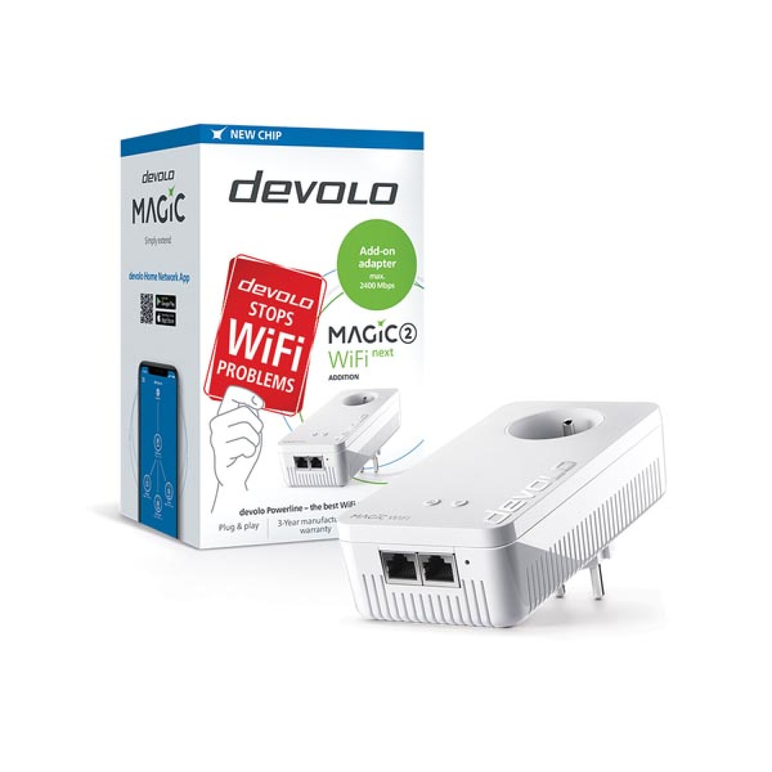 Witte en blauwe doos met een witte wifi-adapter. Achtergrond: wit oppervlak.