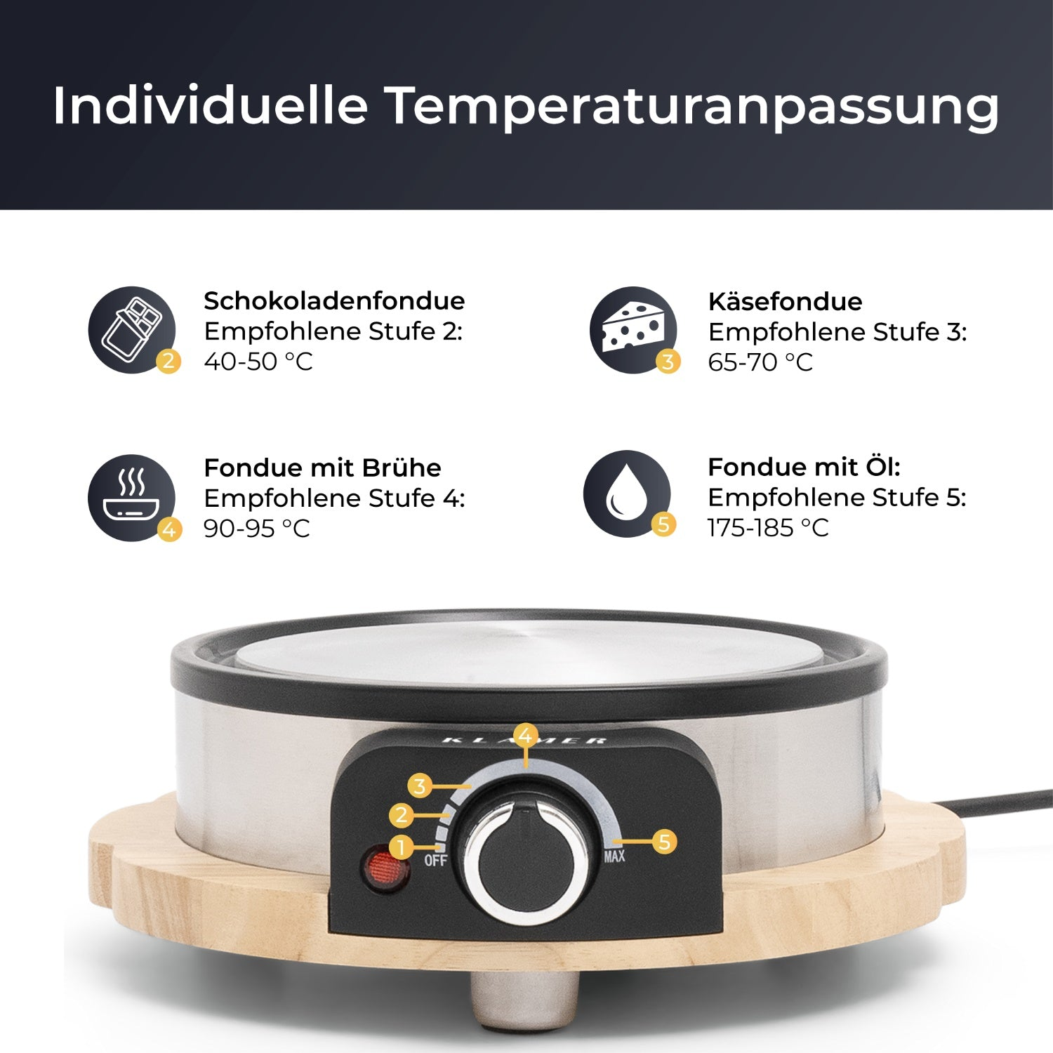 Ein Fonduetopf mit Holzsockel, Drehknopf und Temperatureinstellungen.