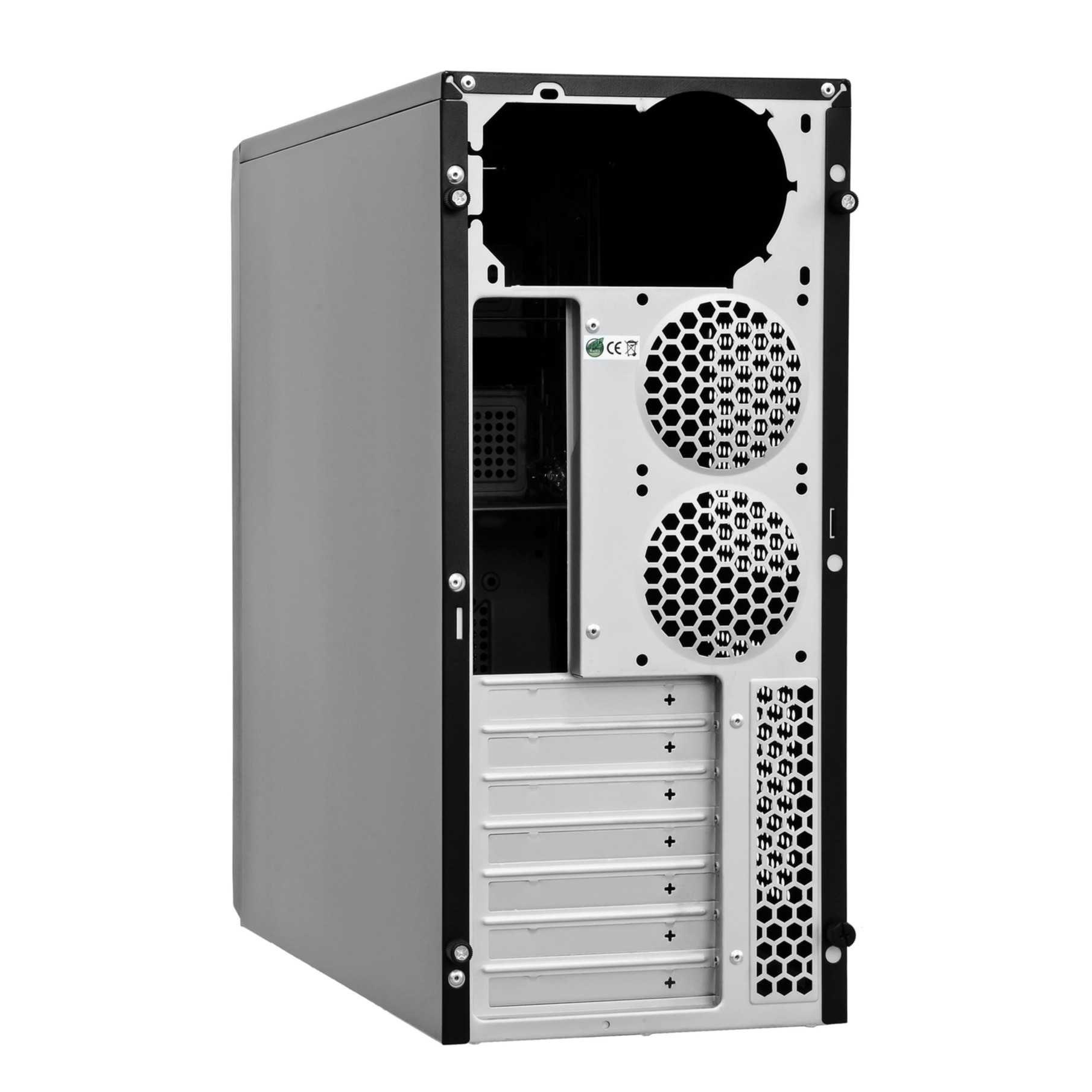 Srebrna obudowa komputera, widok z tyłu. Pokazuje otwory wentylacyjne i elementy wewnętrzne.