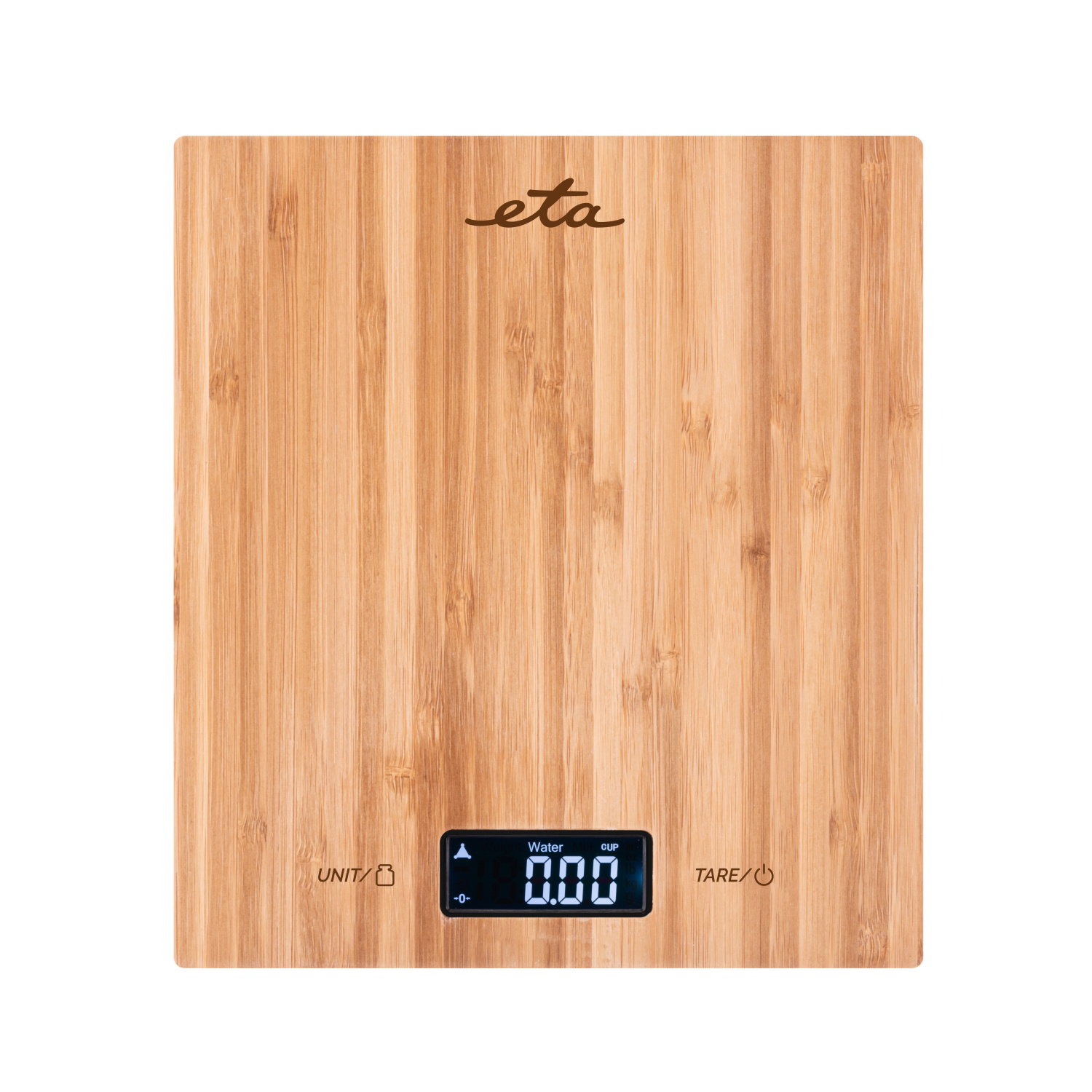 Wooden kitchen scale with digital display showing 0.00. The word eta is at the top.