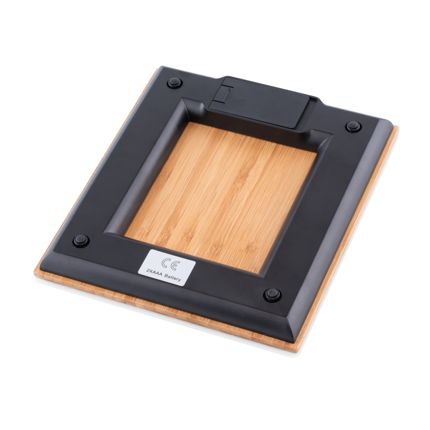 Bottom of a black and bamboo scale. A black square surrounds the bamboo surface. 