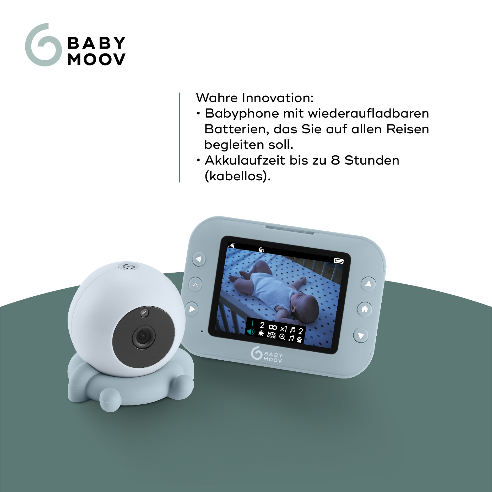 Babyphone mit Kamera und Bildschirm, der ein Baby im Bett zeigt.