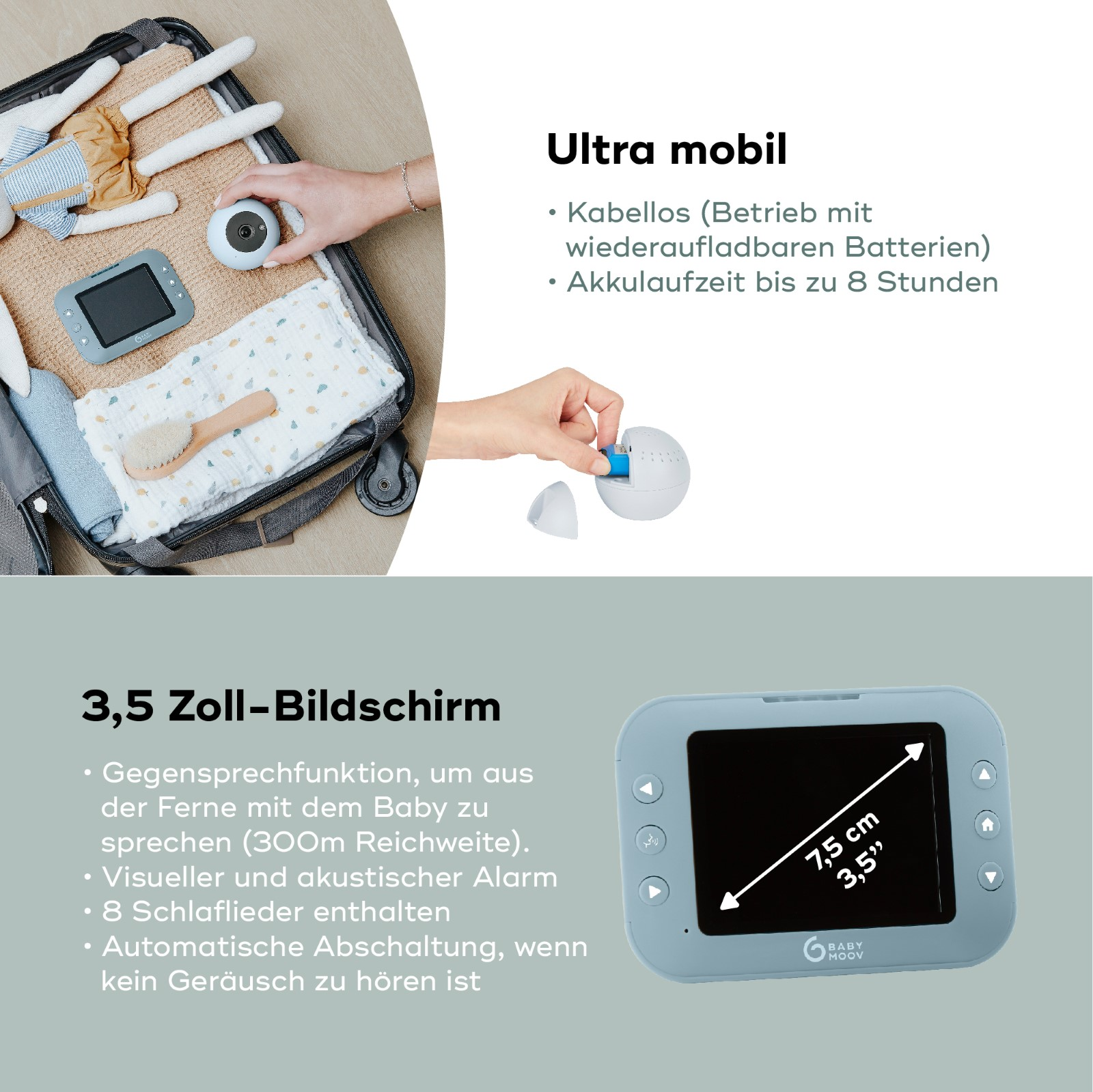 Ein Babyphone mit Bildschirm, der Einstellungen anzeigt, und eine Nahaufnahme eines kleinen weißen Geräts.