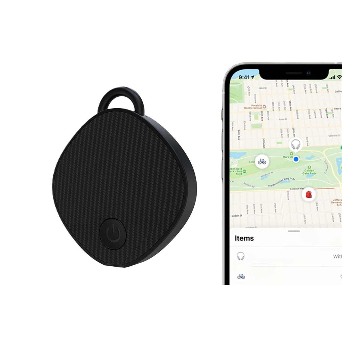 Schwarzer Tracker mit Schlaufe und Telefon, das eine Karte mit Standortnadel zeigt.