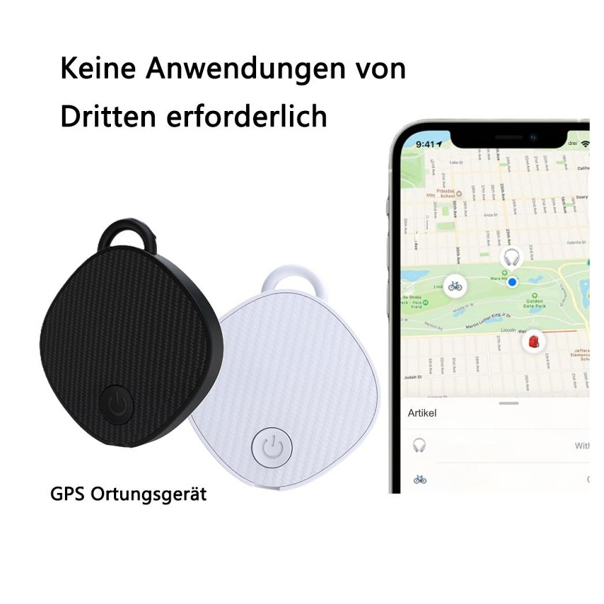 Zwei schwarze und weiße GPS-Tracker mit einem Telefon, das eine Karte mit Markierungen anzeigt.