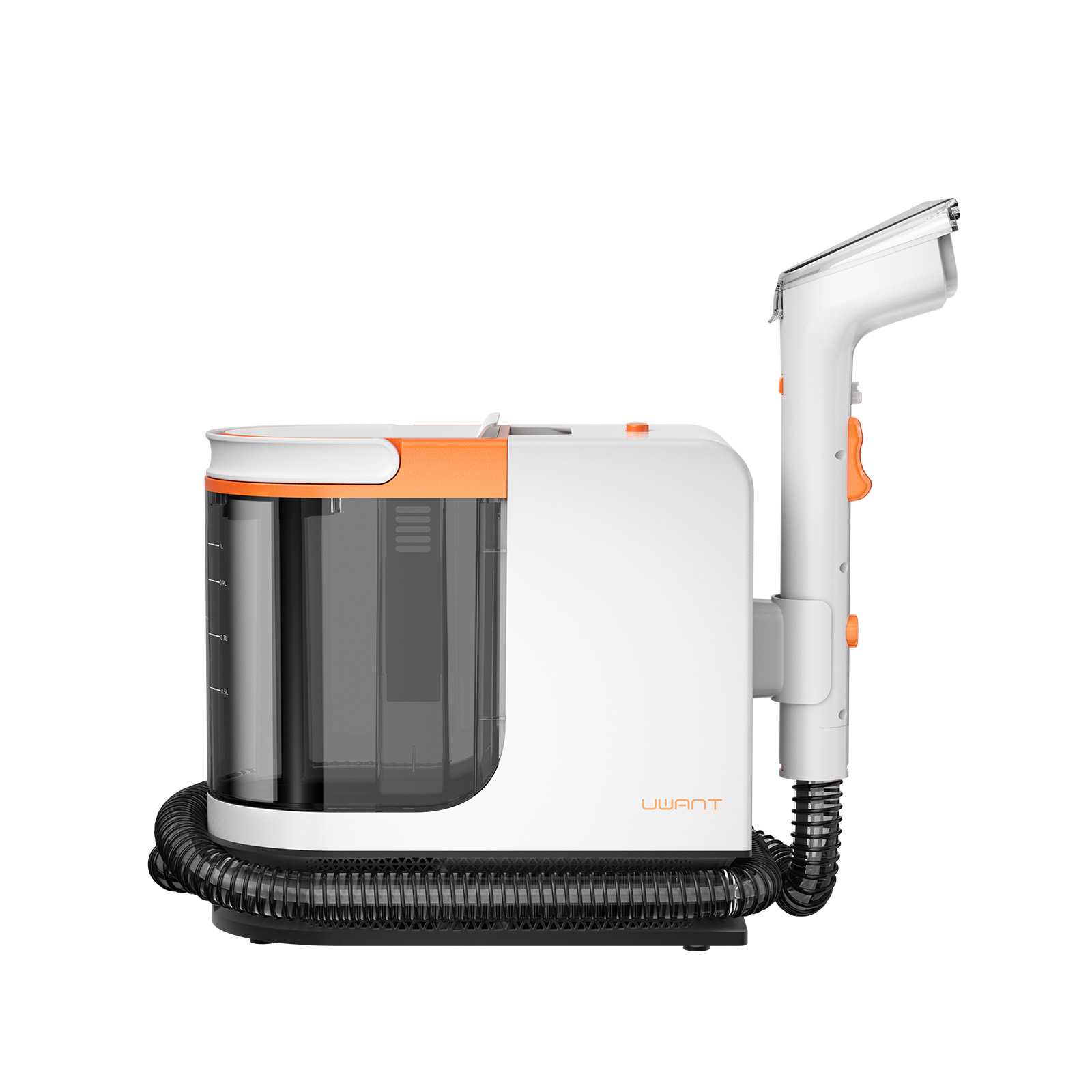 Dispositivo di pulizia bianco e arancione con tubo e maniglia. Tubo e base neri.
