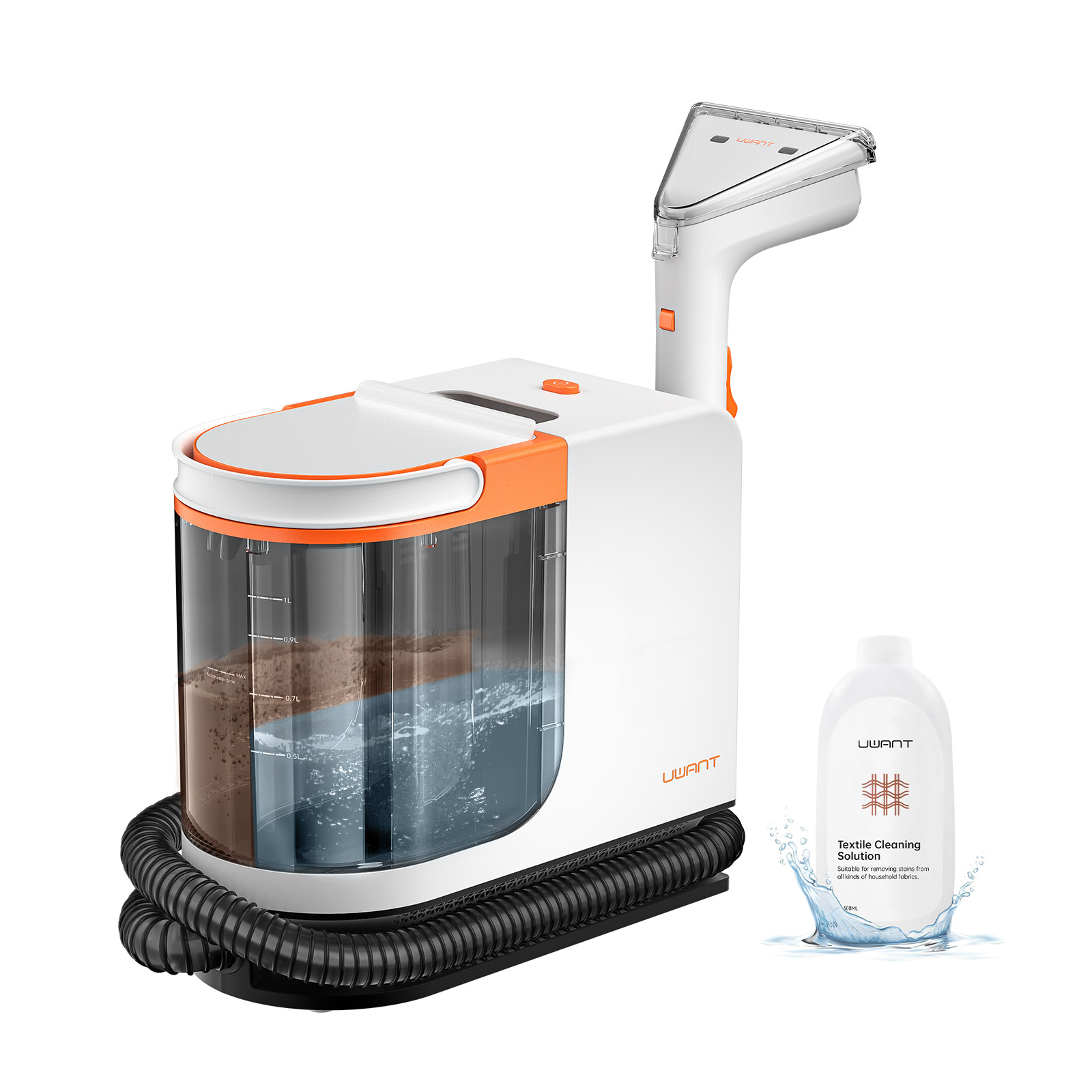 Pulitore per tappeti bianco e arancione con una bottiglia di soluzione detergente. Sfondo: superficie bianca.
