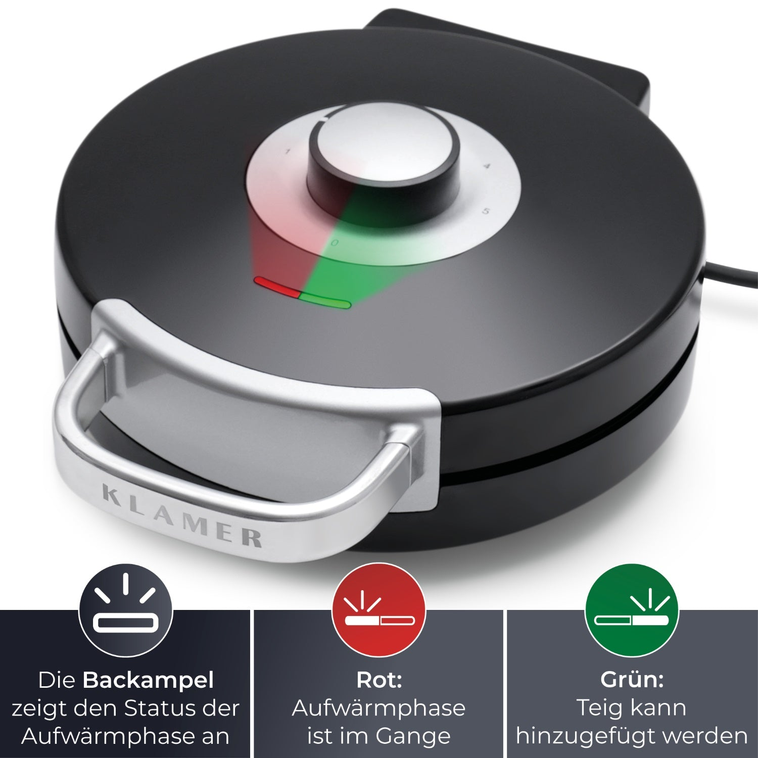 Schwarzer Waffeleisen mit Griff und Kontrollleuchten. Textbeschriftungen beschreiben jede Leuchte.