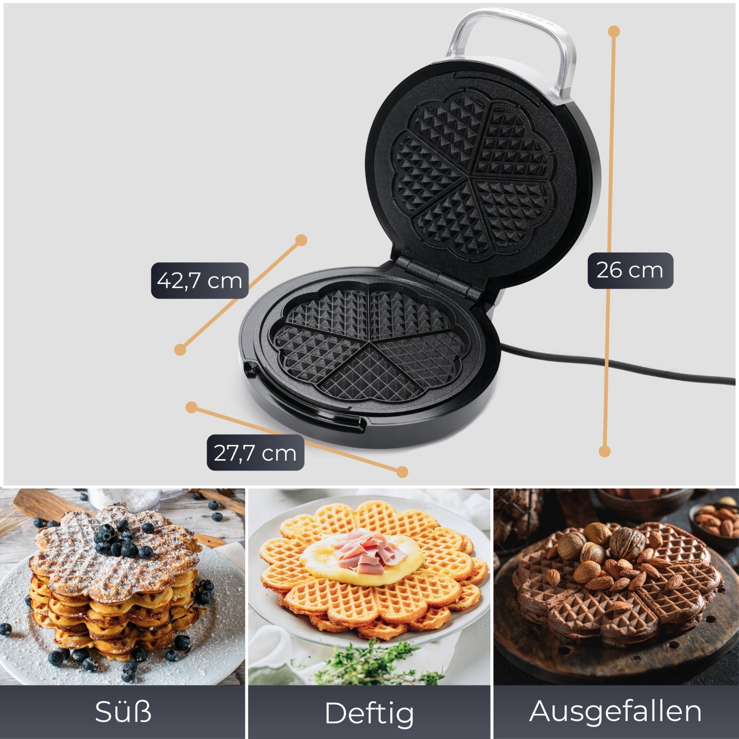Waffeleisen offen, mit Maßen. Drei Waffeln mit verschiedenen Belägen werden gezeigt.
