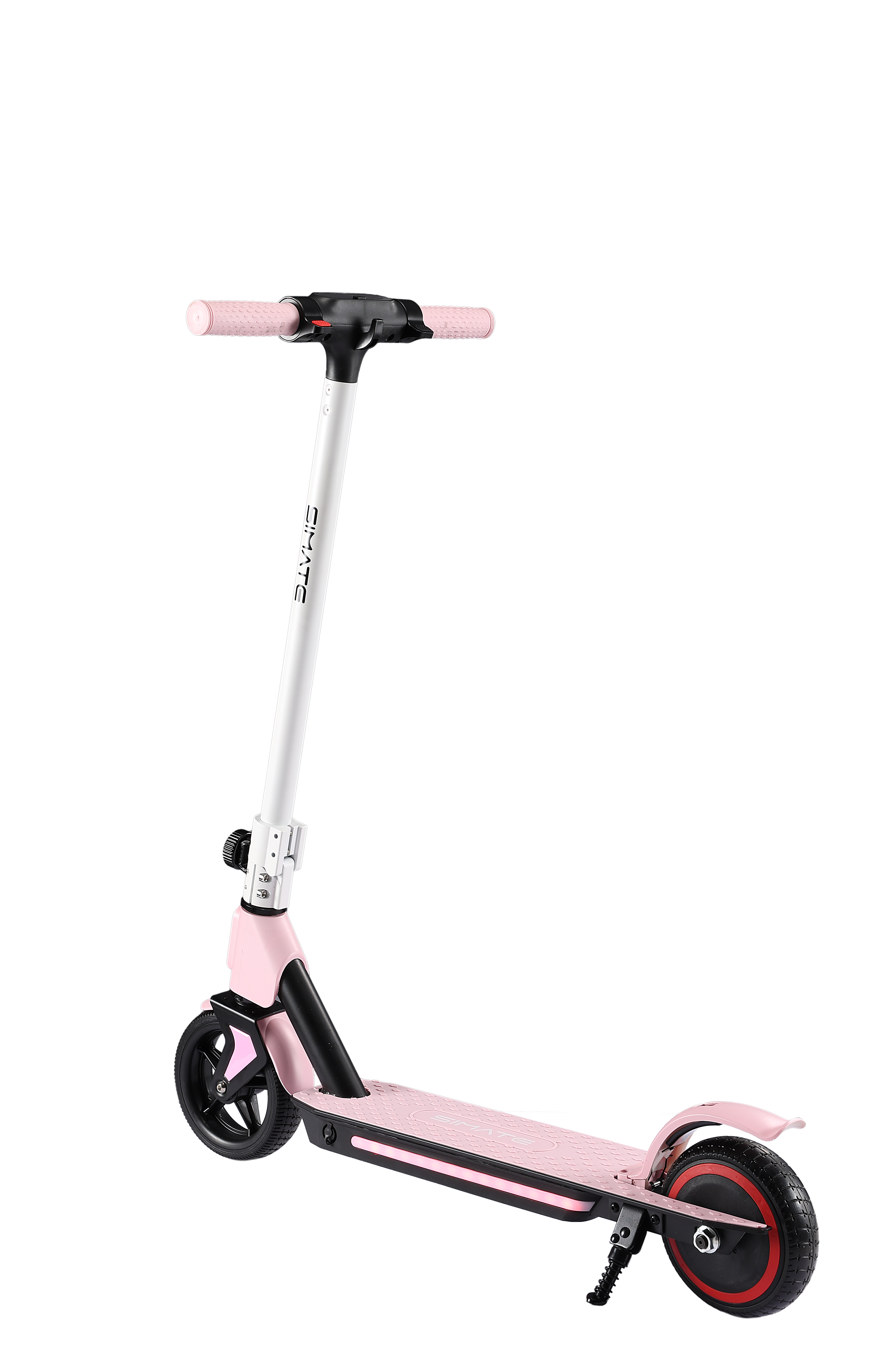 Różowa hulajnoga elektryczna na białym tle. Ma srebrny trzon i czarne koła.