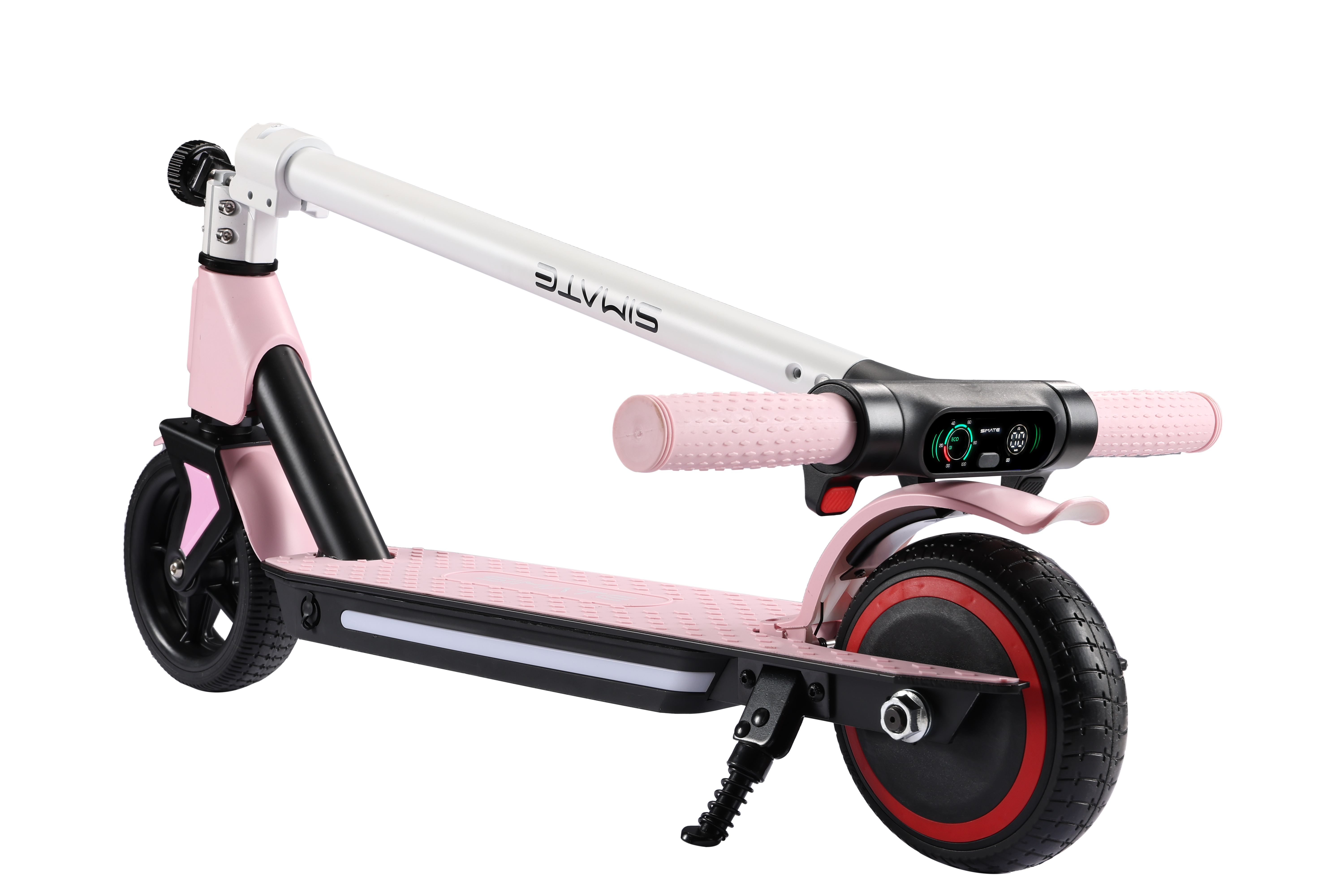 Różowo-czarna hulajnoga elektryczna. Biała rączka i czerwone akcenty na kole.