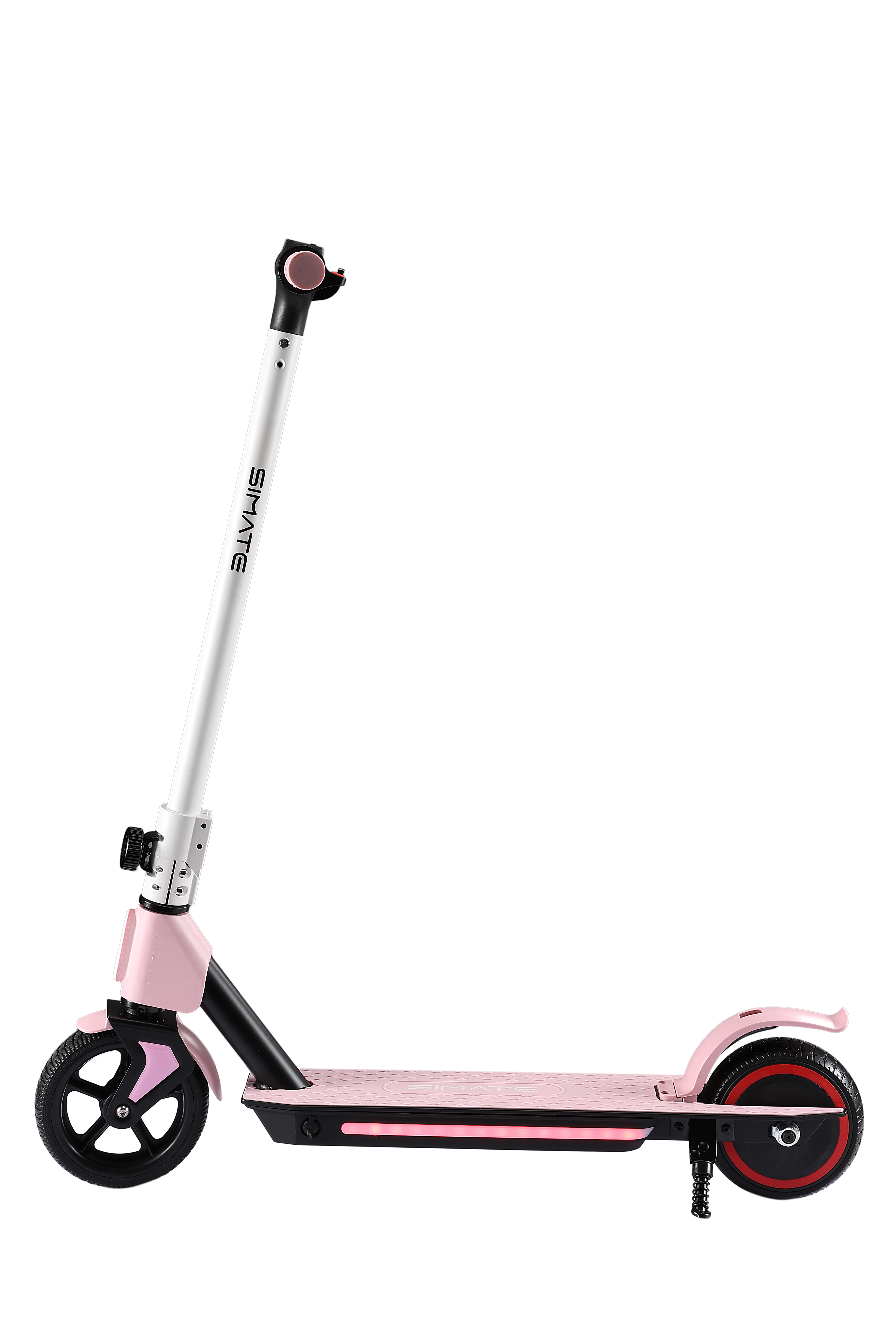 Różowa hulajnoga elektryczna z białym uchwytem i czarnymi kołami, na czarnym tle.