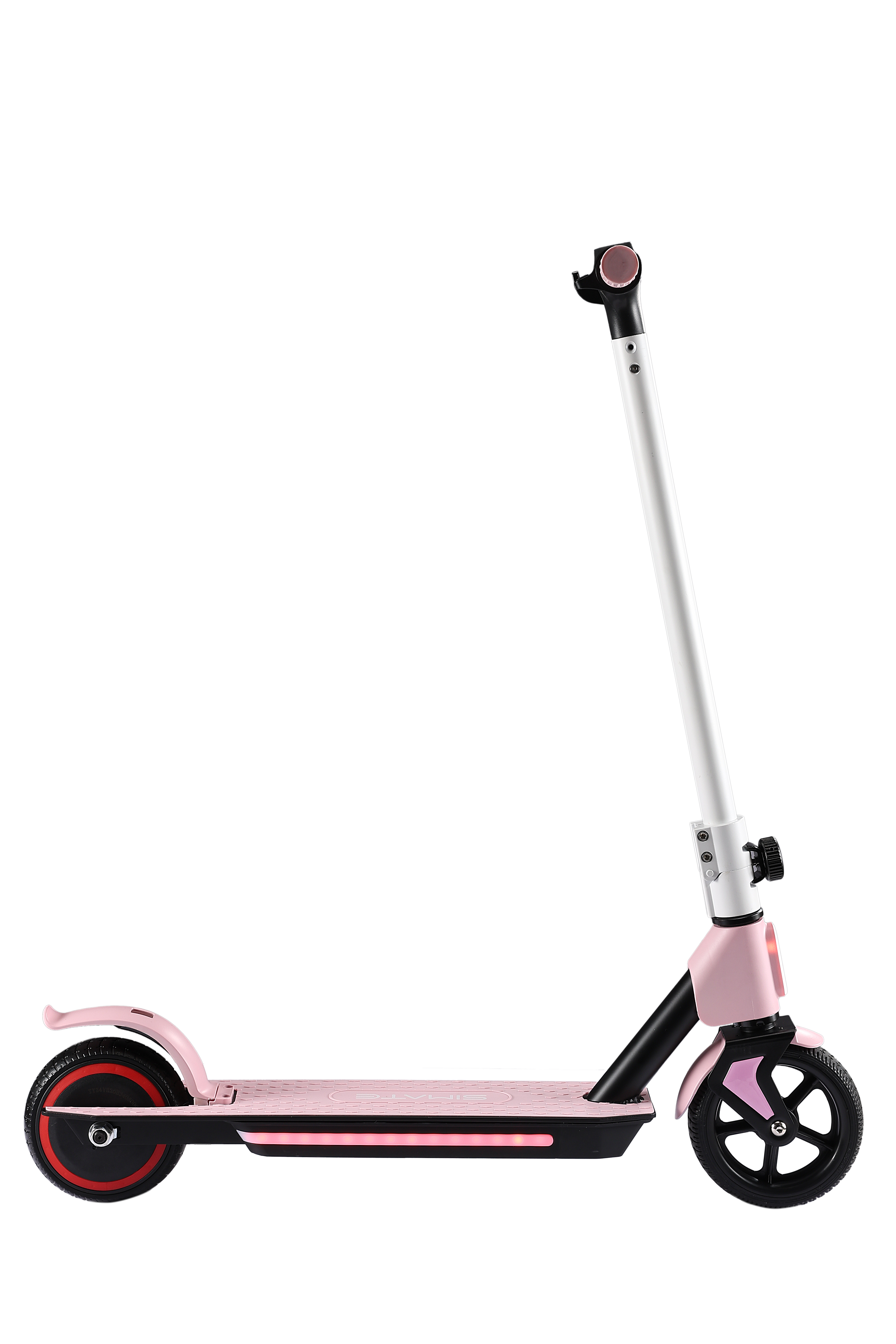 Różowa hulajnoga elektryczna z białym drążkiem i czarnymi kołami. Na czarnym tle.