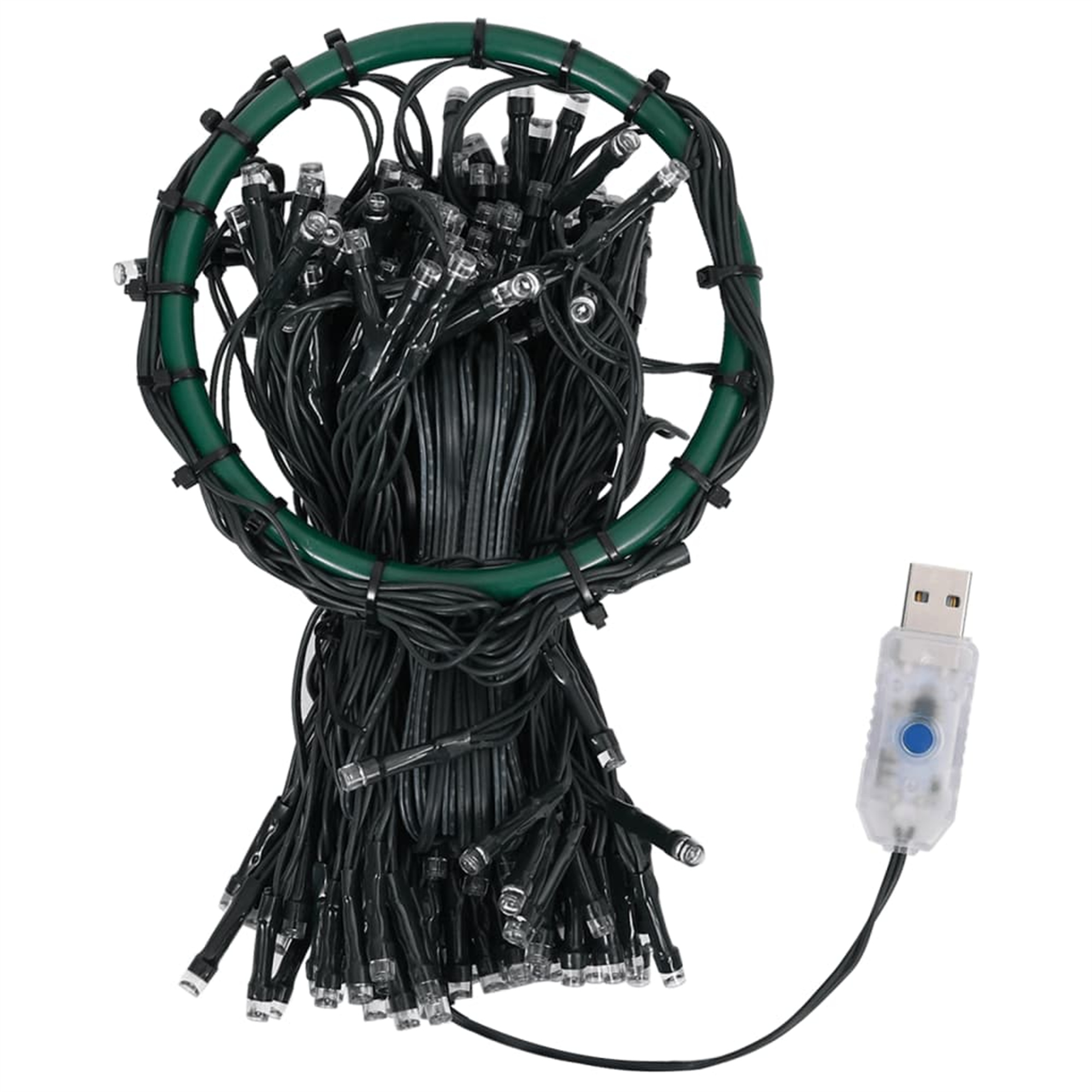Eine Lichterkette mit schwarzem LED-Leuchten und USB-Anschluss, weißer Hintergrund.