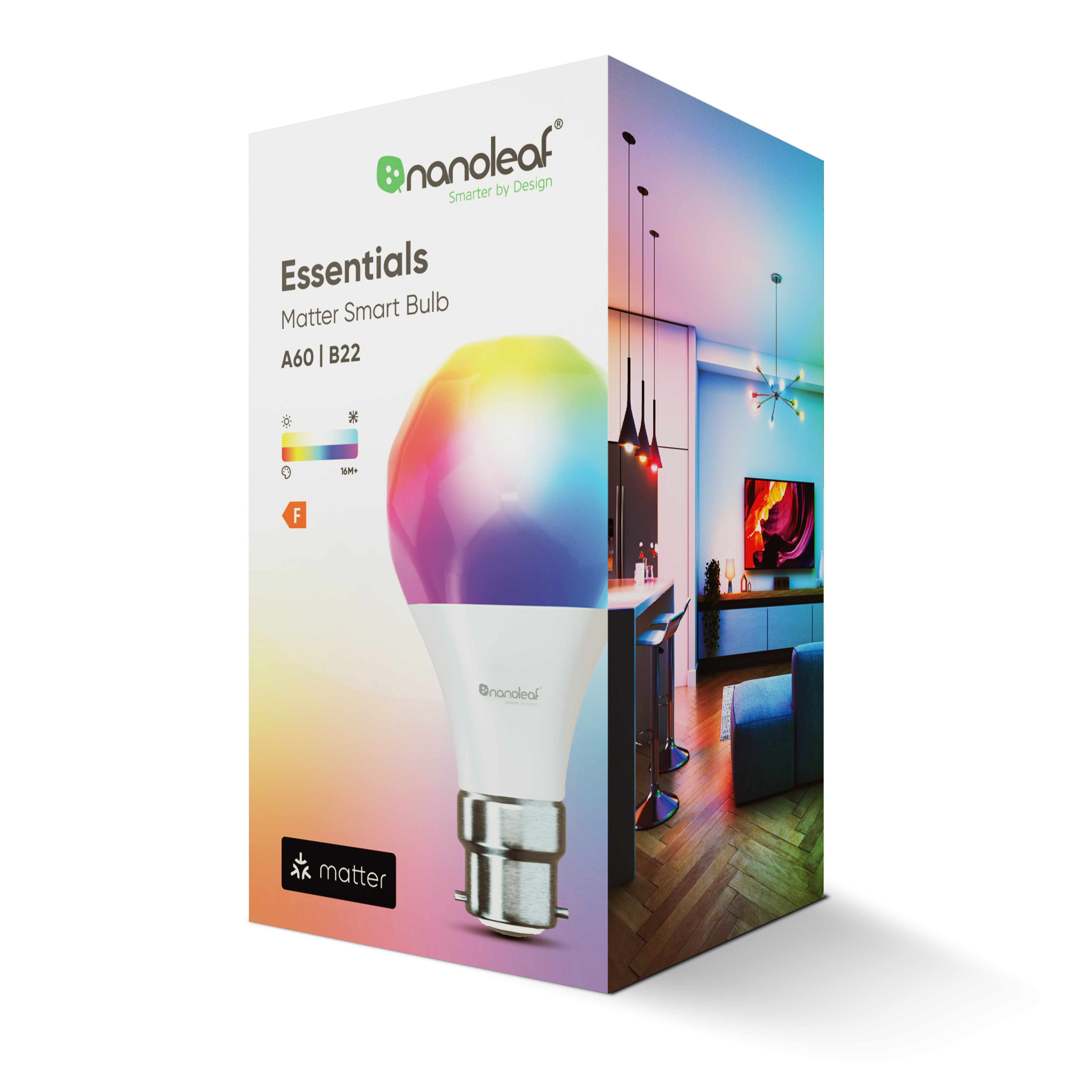 Una confezione di lampadina intelligente con una lampadina colorata. La scatola mostra le funzioni.