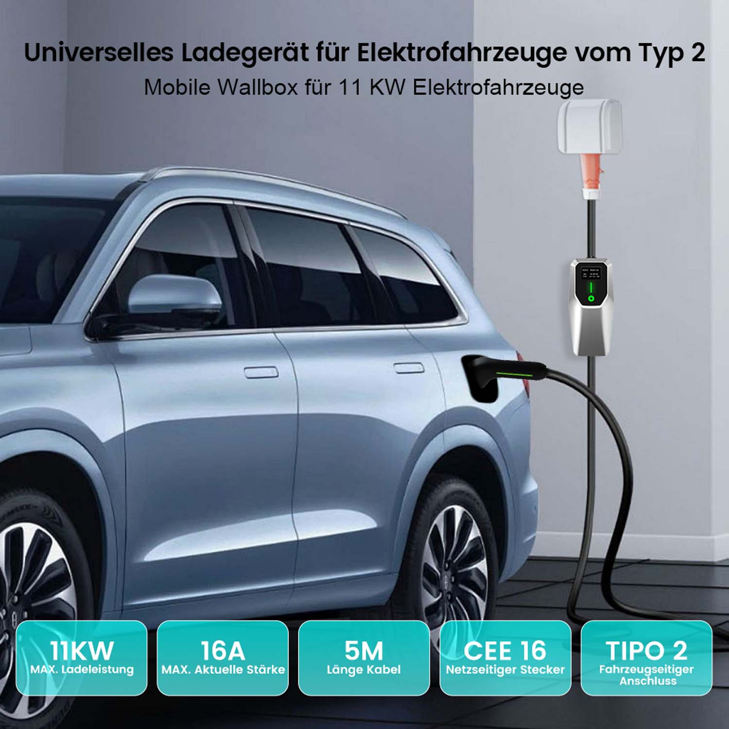 Ein Elektroauto, das an einer Ladestation geladen wird. Die Station zeigt den Ladestatus an, das Auto ist blau.