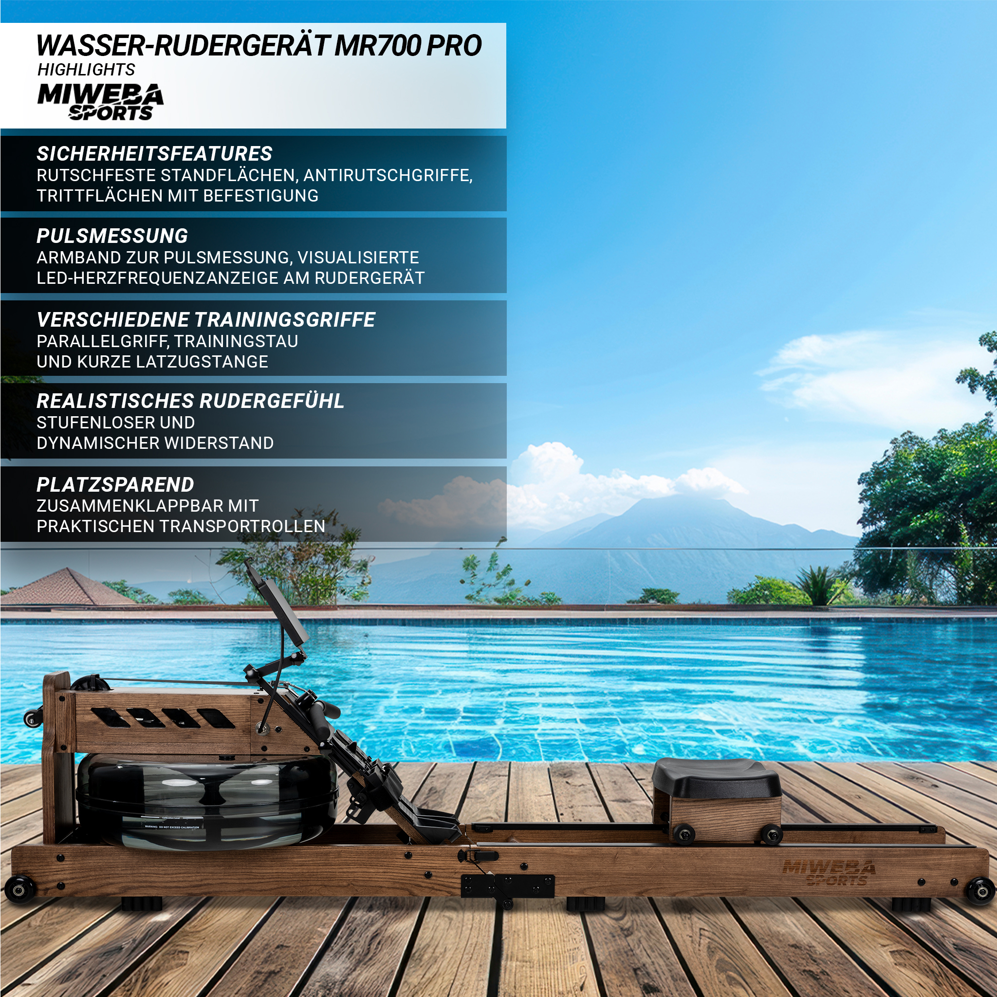 Rudergerät mit Pool- und Berg-Hintergrund. Text hebt Sicherheitsmerkmale und Training hervor.