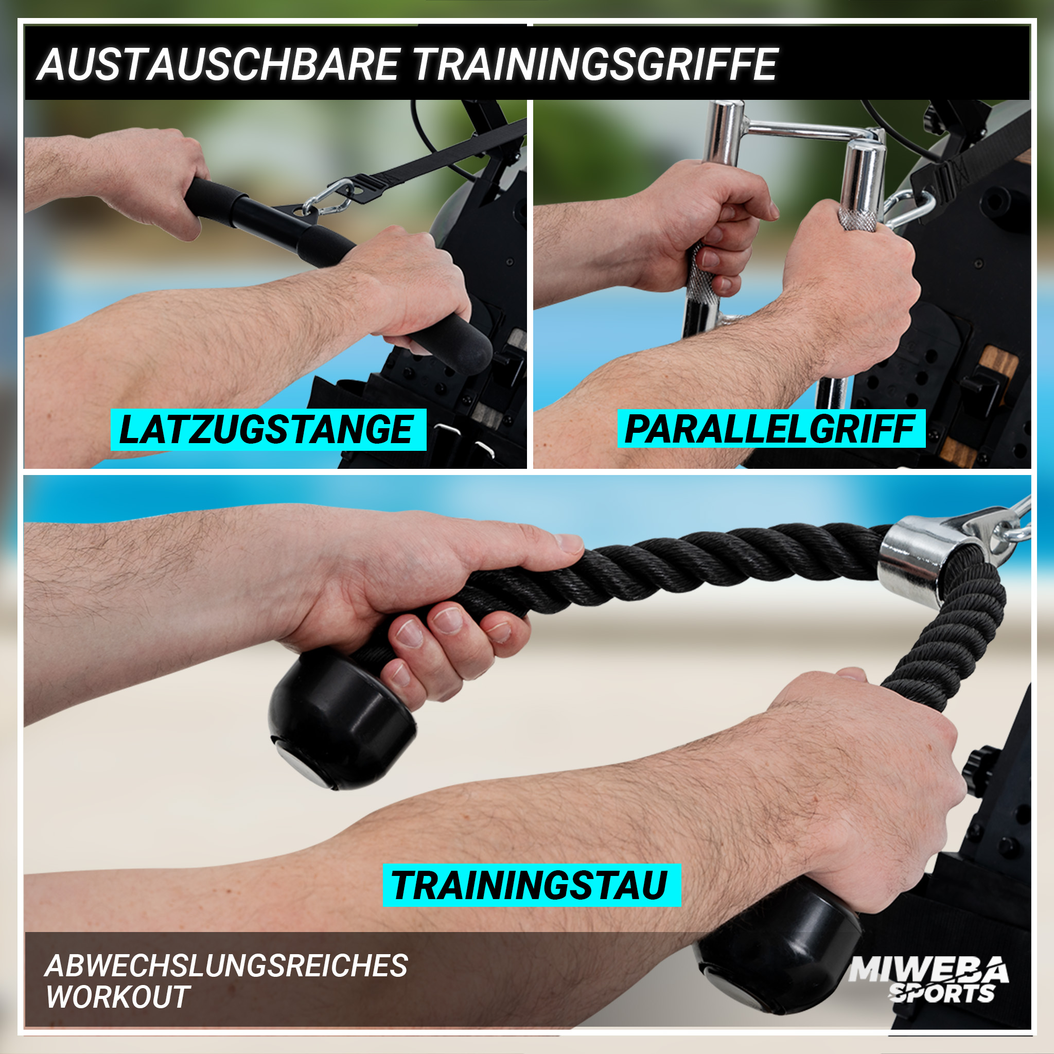 Hände benutzen Trainingsgriffe. Latzug, Parallelgriff und Seilzugübungen.