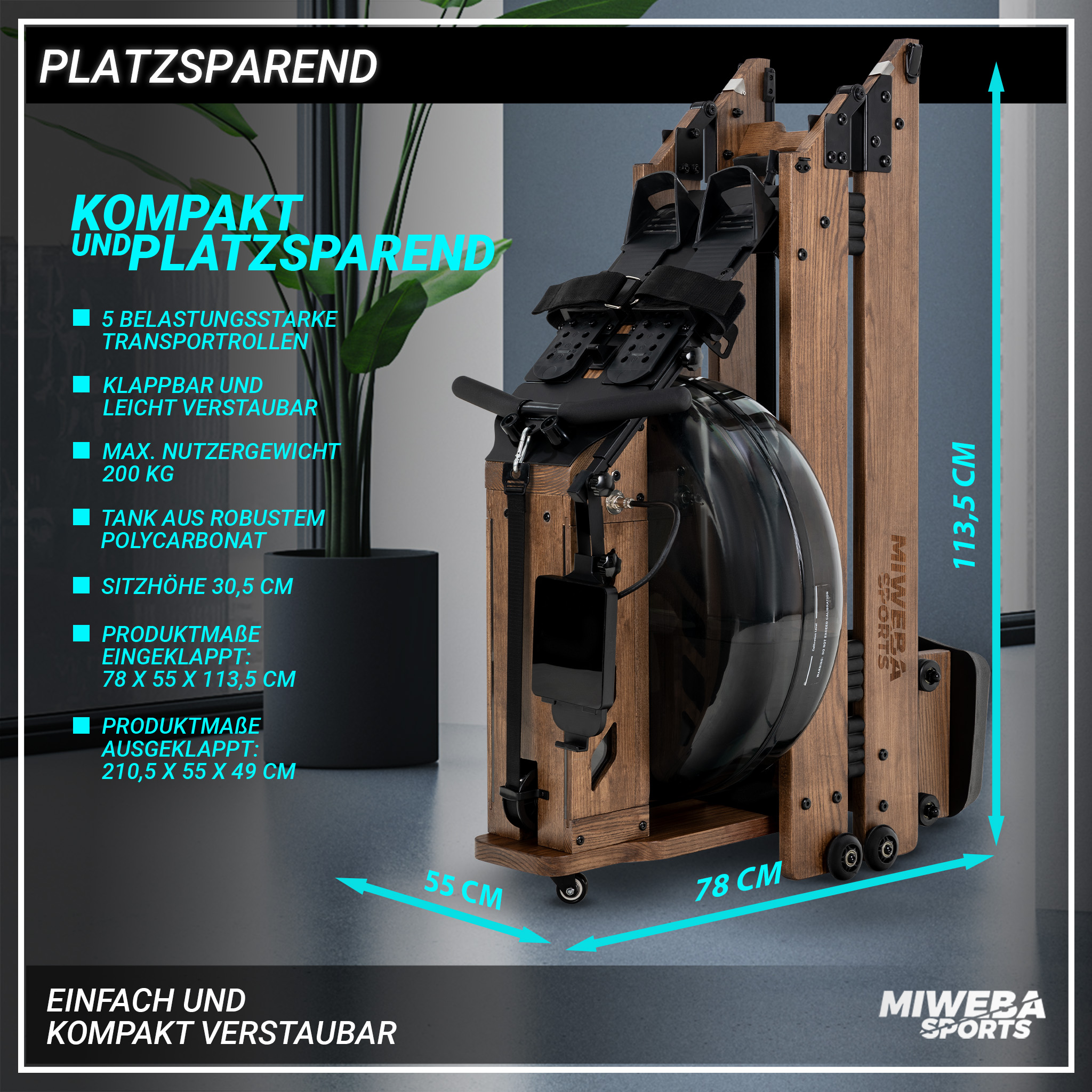 Ein Rudergerät mit Holzrahmen, Wassertank und Maßangaben, vor weißem Hintergrund dargestellt.