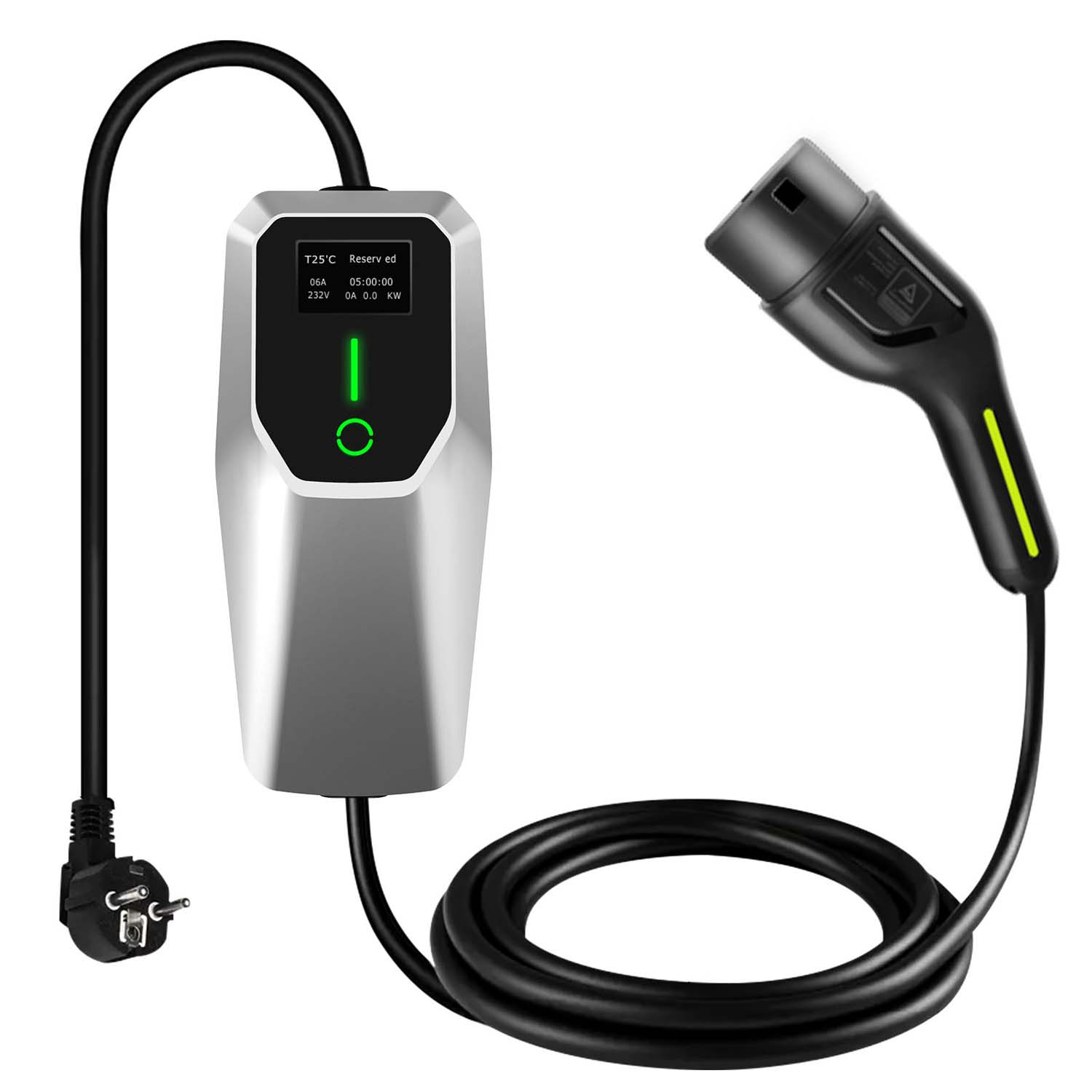 Silbernes und schwarzes EV-Ladegerät mit Stecker und Ladekopf. Grünes Licht zeigt, dass Strom anliegt.