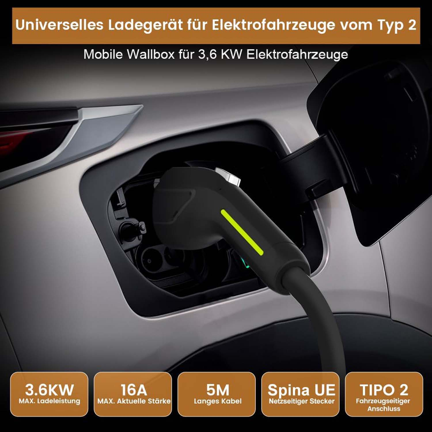 Ein Ladegerät für ein Elektrofahrzeug. Das Bild zeigt das Ladegerät und den Ladeanschluss.