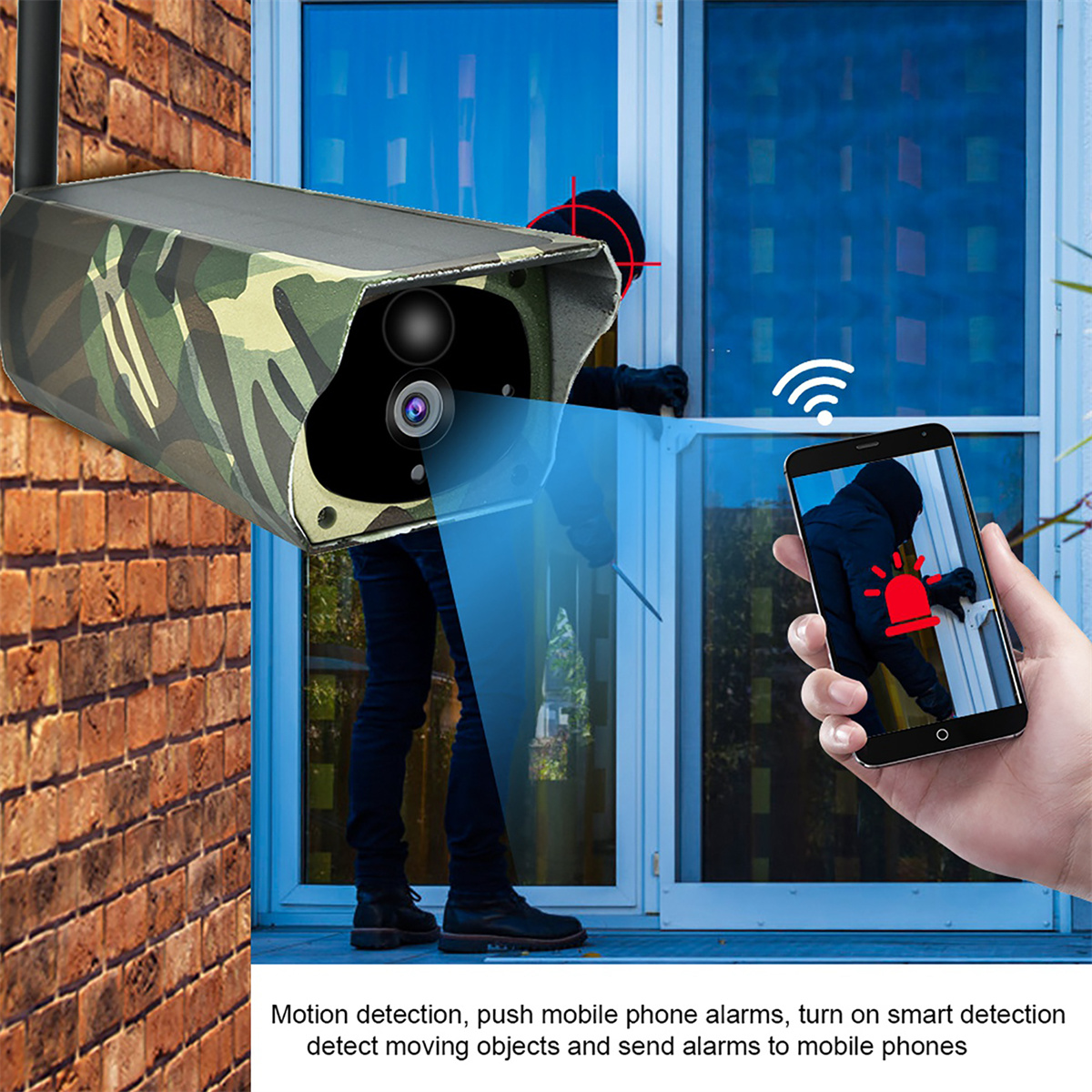 Eine Überwachungskamera ist an einer Wand montiert. Eine Person ist auf einem Smartphone mit einem Alarm-Symbol zu sehen.