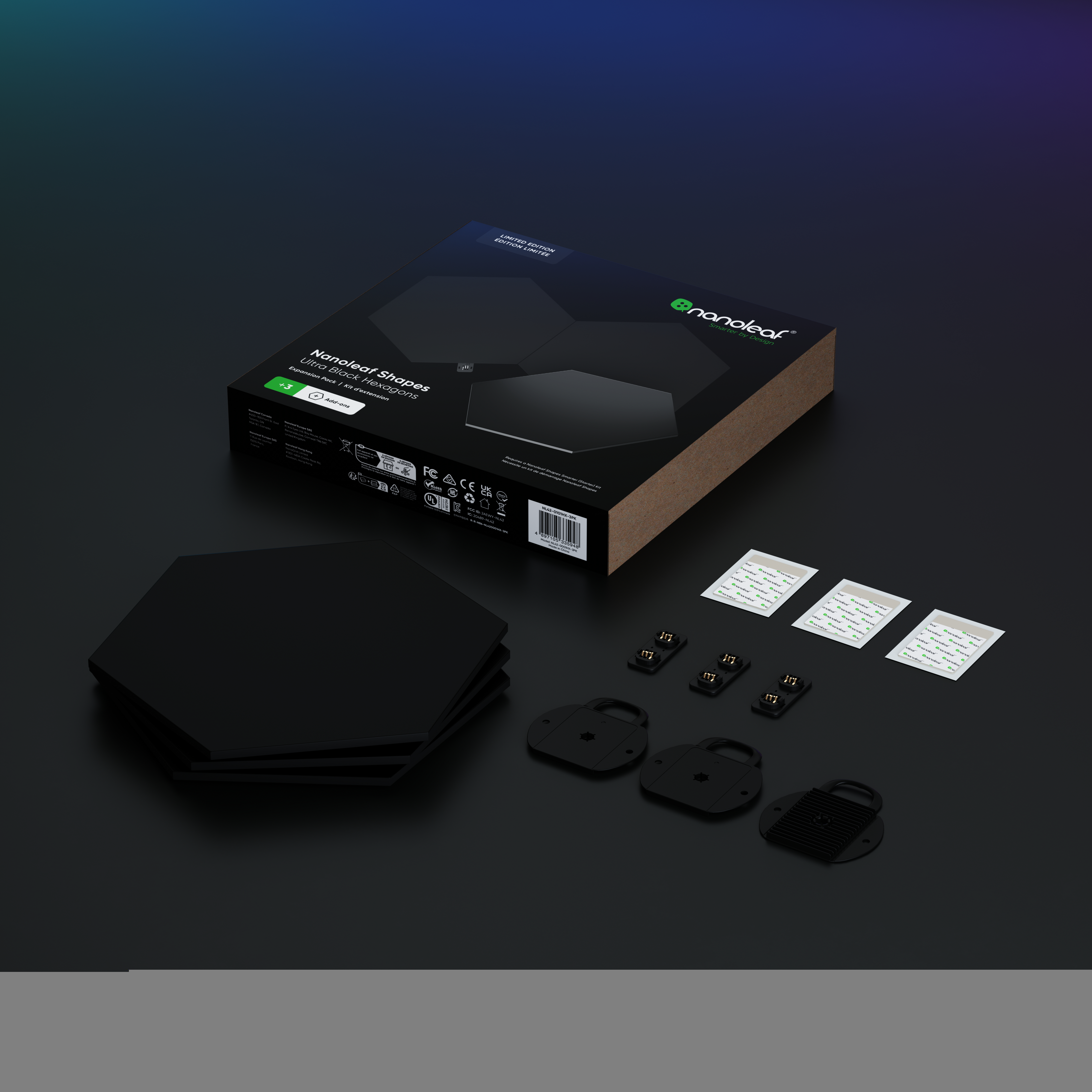 Confezione nera Nanoleaf Shapes con pannelli luminosi esagonali e accessori.
