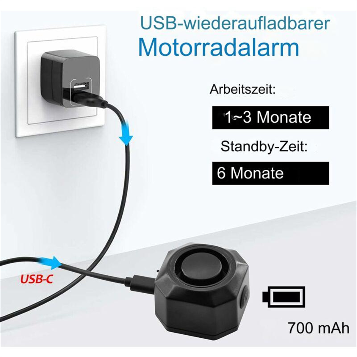 Ein USB-C Motorradalarm mit Ladeinformationen. Es hat einen schwarzen Körper und ein kleines Batteriesymbol.
