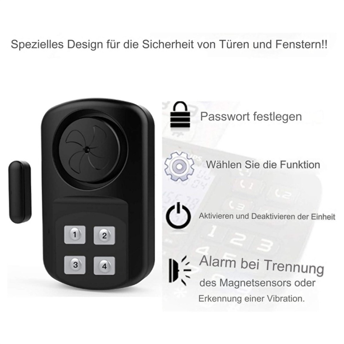 Schwarzes Sicherheitssystem mit Knöpfen und Sensor.