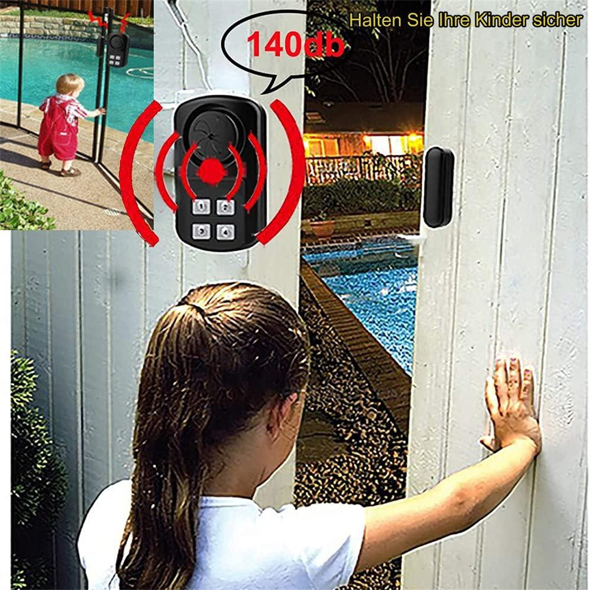 Eine Frau und ein Kind in der Nähe eines Pools mit Zaun und Alarm. Ein Schild lautet 'Halten Sie Ihre Kinder sicher'.