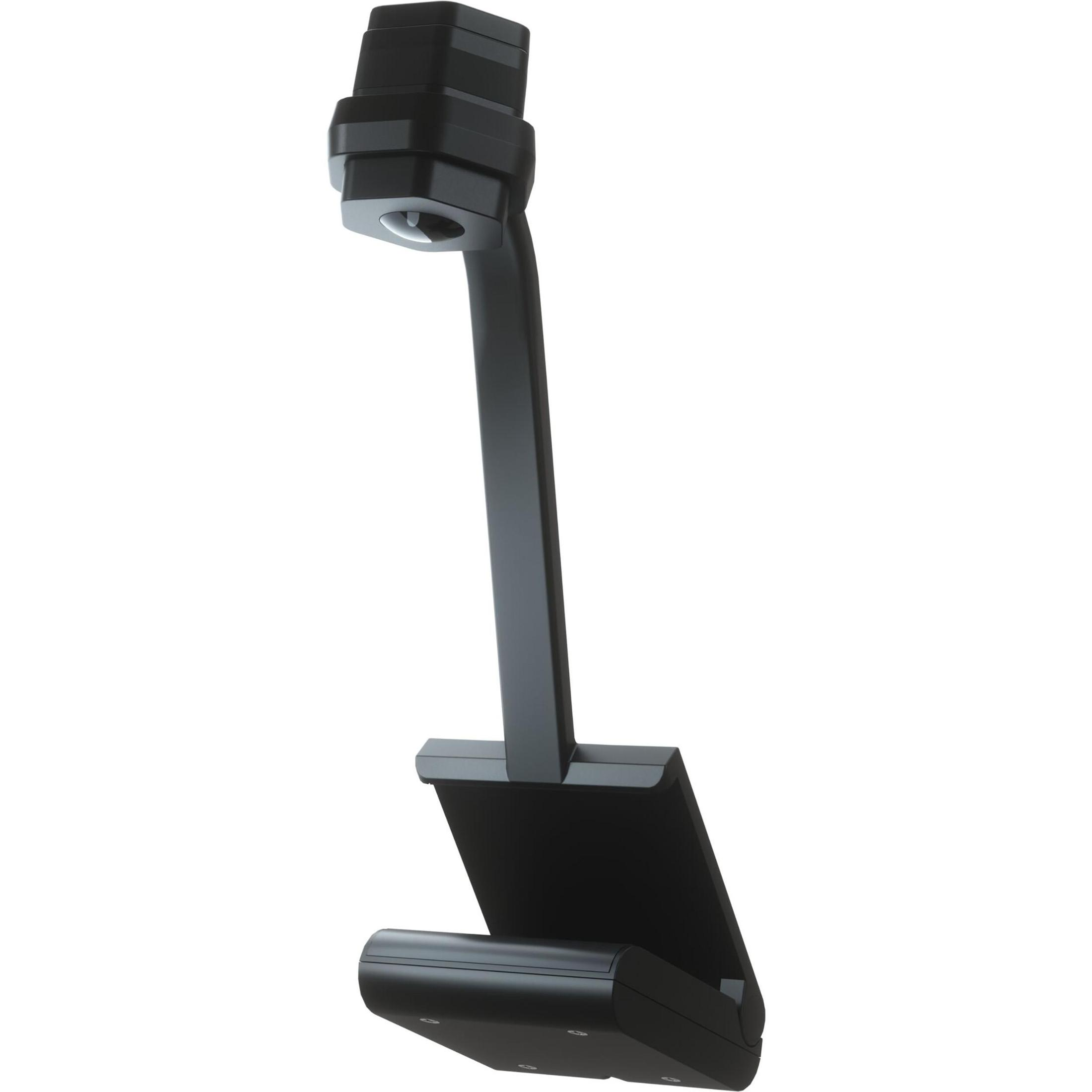 Schwarzer Tablethalter mit langem Arm und Basis. Das Tablet ist schwarz. Weißer Hintergrund.