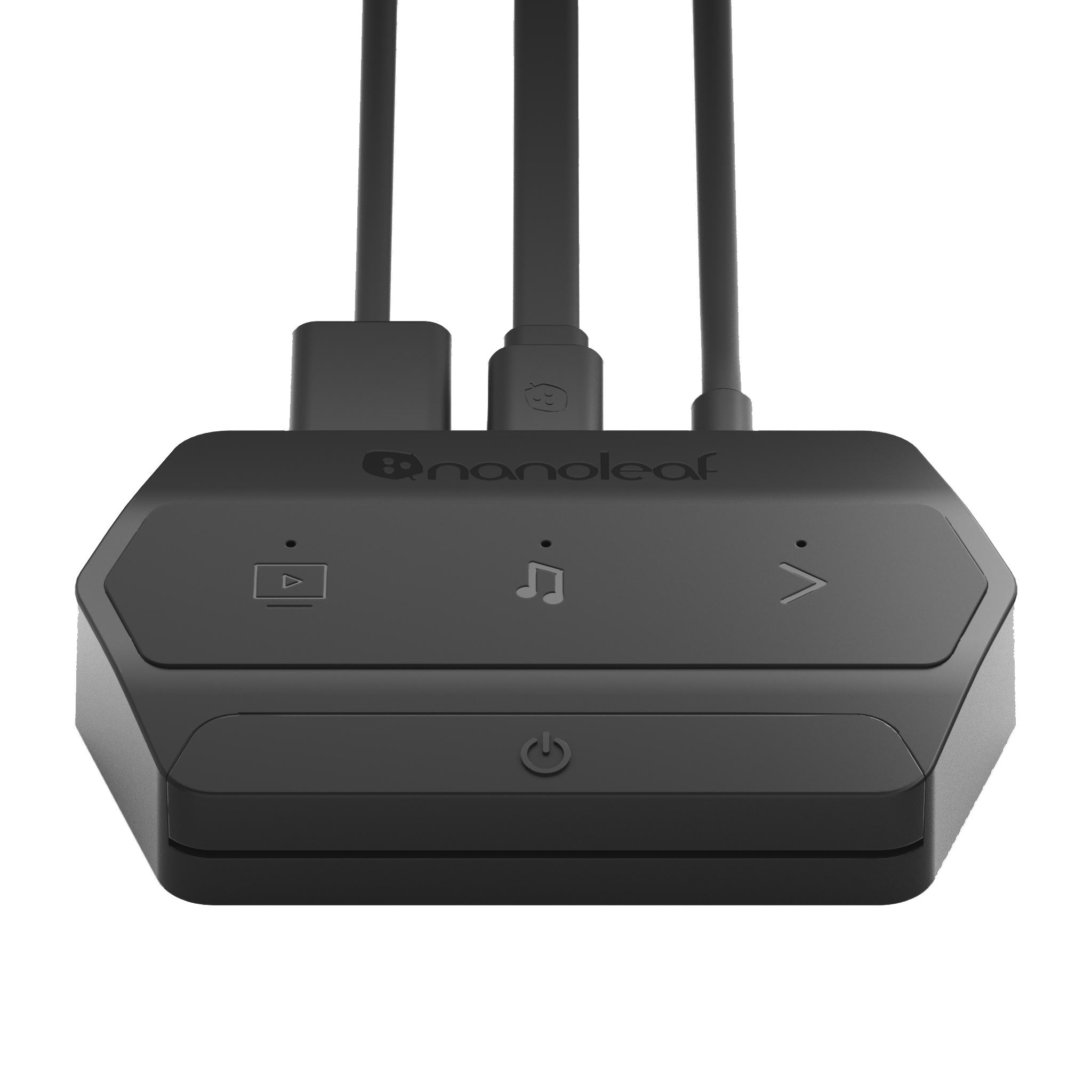 Schwarzer Nanoleaf-Controller mit Wiedergabe-, Musik- und Überspringtasten und angeschlossenen Kabeln auf weißem Hintergrund.