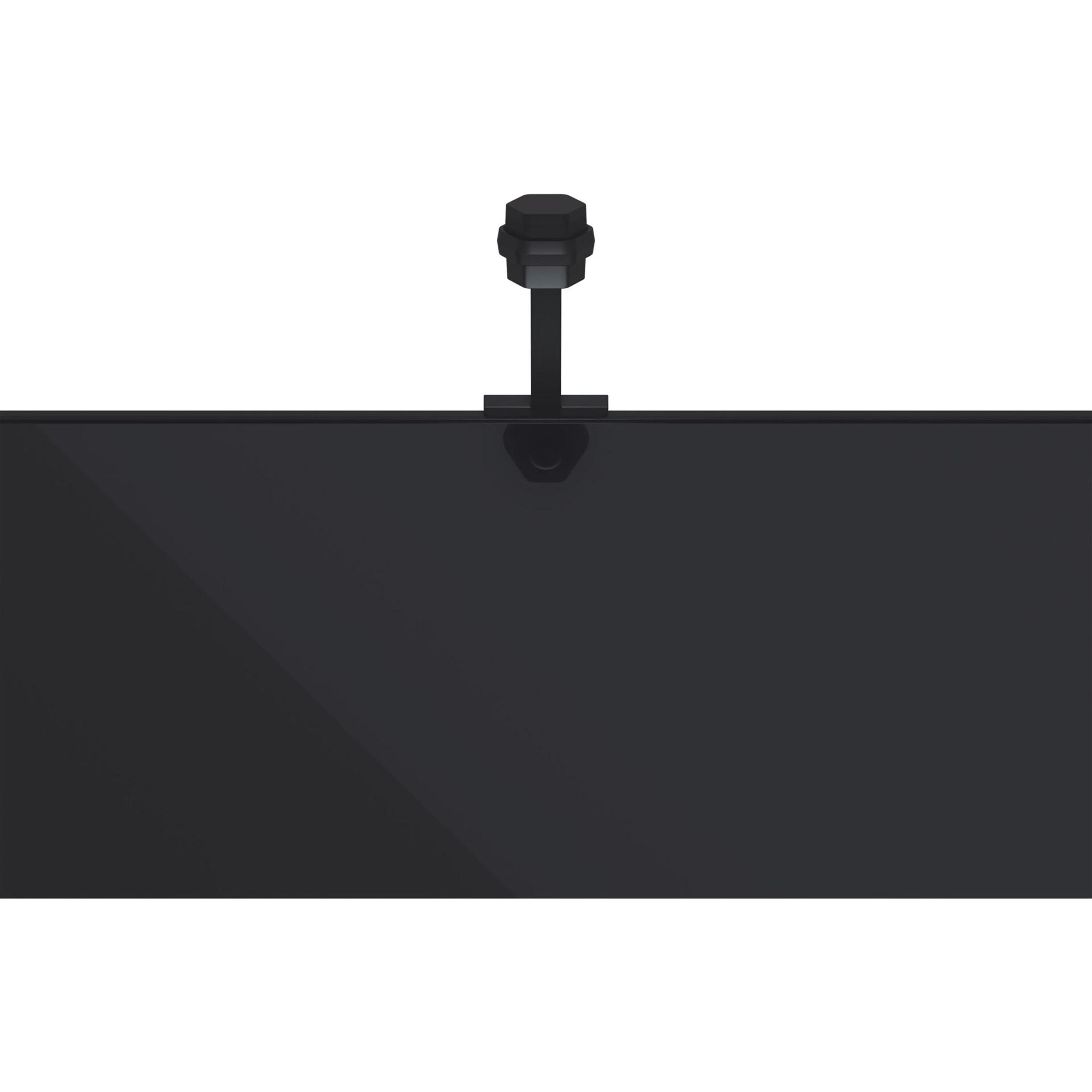 Schwarzes Rechteck mit schwarzem Bolzen oben. Weißer Hintergrund.