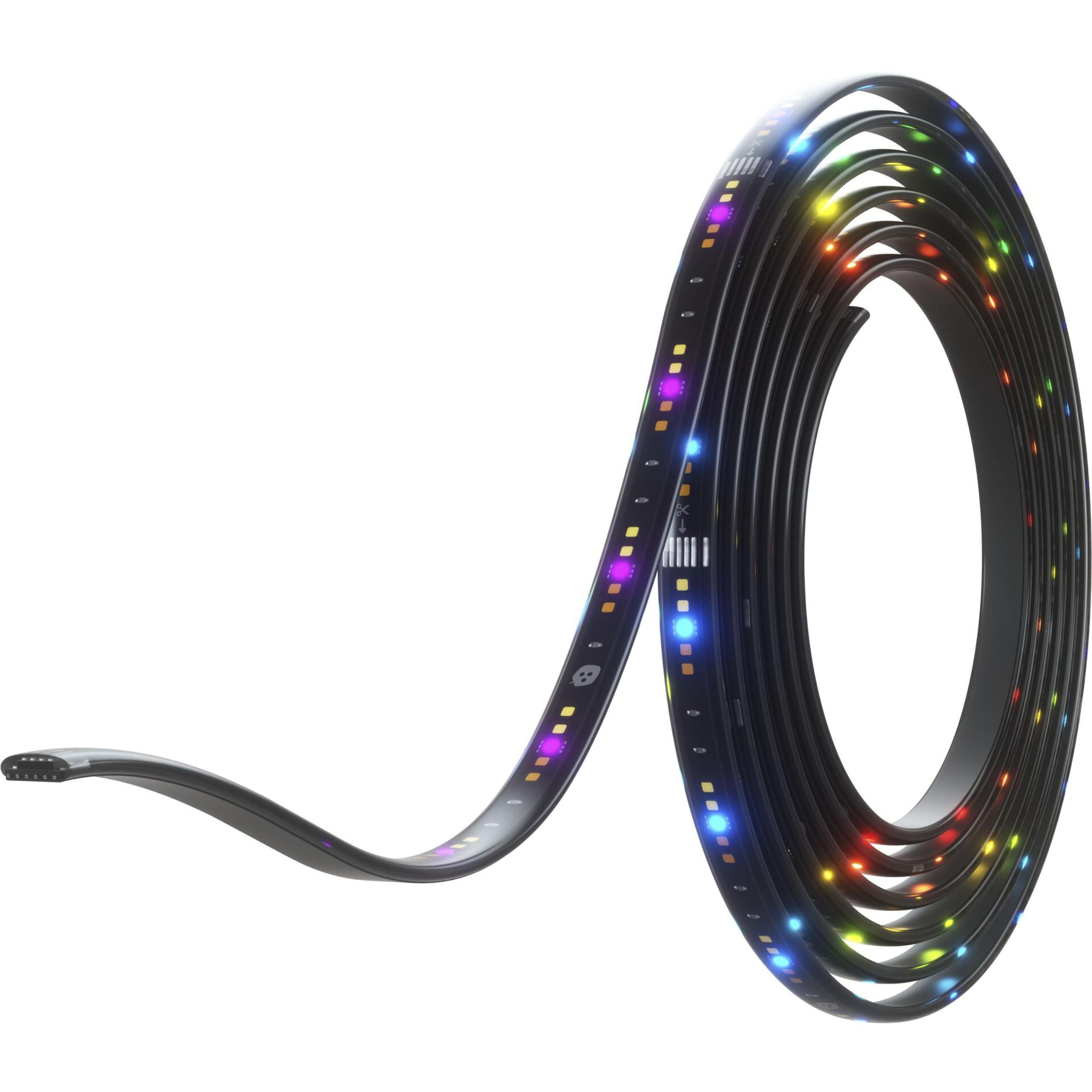 Renkli ışıklı siyah LED şerit, kıvrımlı, beyaz zemin üzerinde.