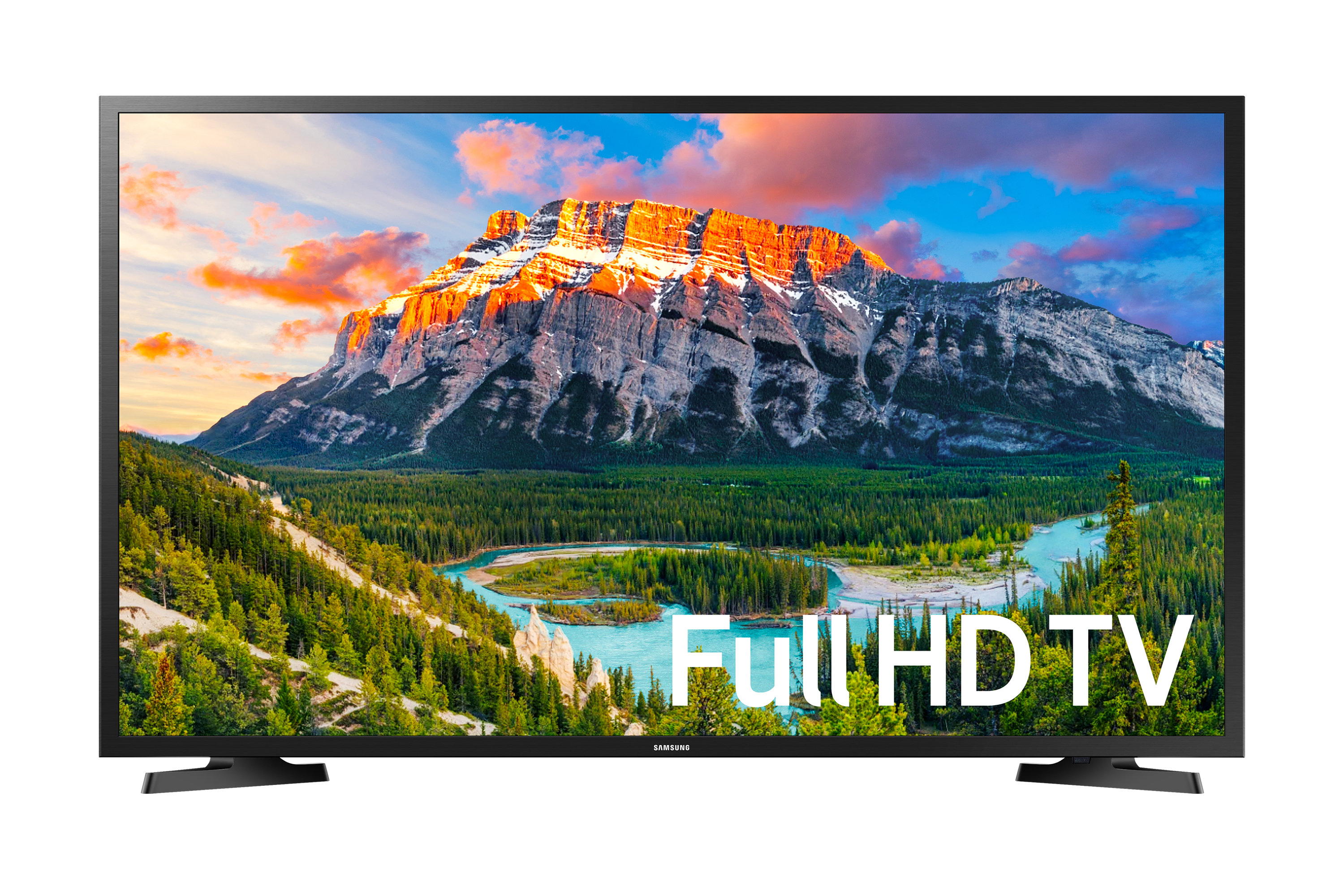Una TV nera mostra un paesaggio montano. Testo: 'Full HD TV'.