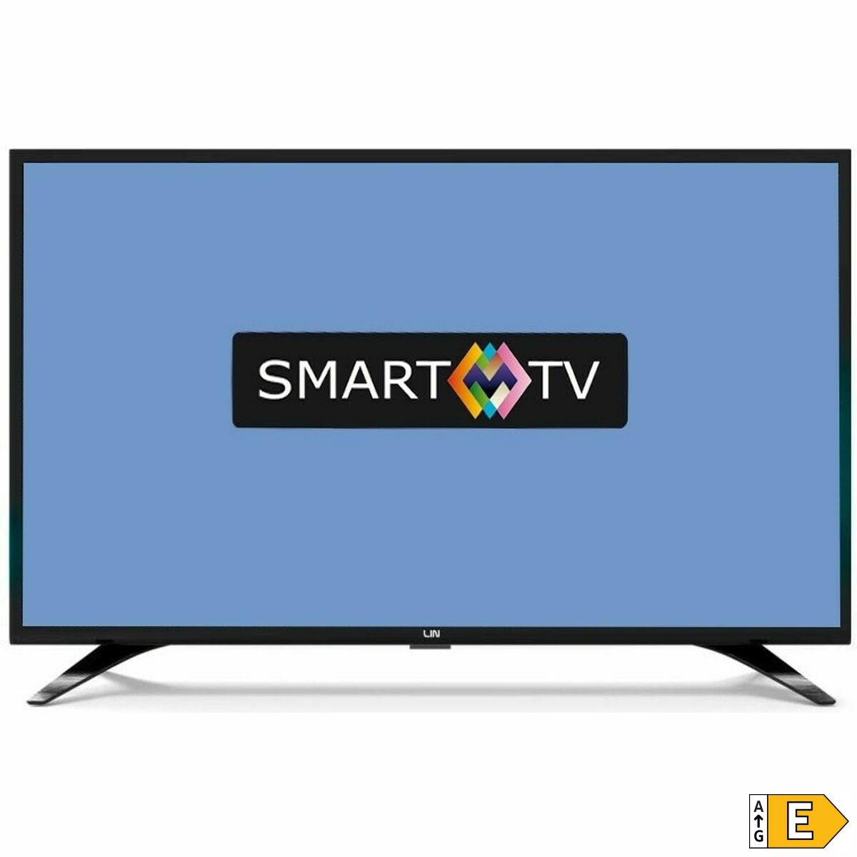 Czarny telewizor z niebieskim ekranem, logo "SMART TV" i etykietą energetyczną.